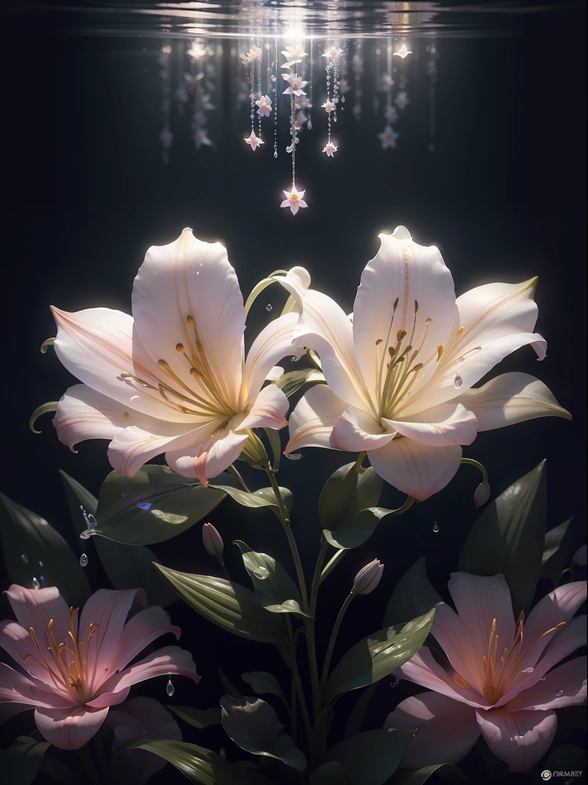 ((lily flowers)), super transparent, Holy Light, beautiful spectral light, petals glow, flashes, Dark background, drops of transparent light, reflective light, Bright, light streaming in, optics, Sharp Focus, Magical, Convoluted, A hyper-realistic, Fantasy composition, light, Trending in art stations, pearls, patronus cloud of silvery vapor, corrosive enveloping ray family, 8K, ureal ar 23v4 uplight