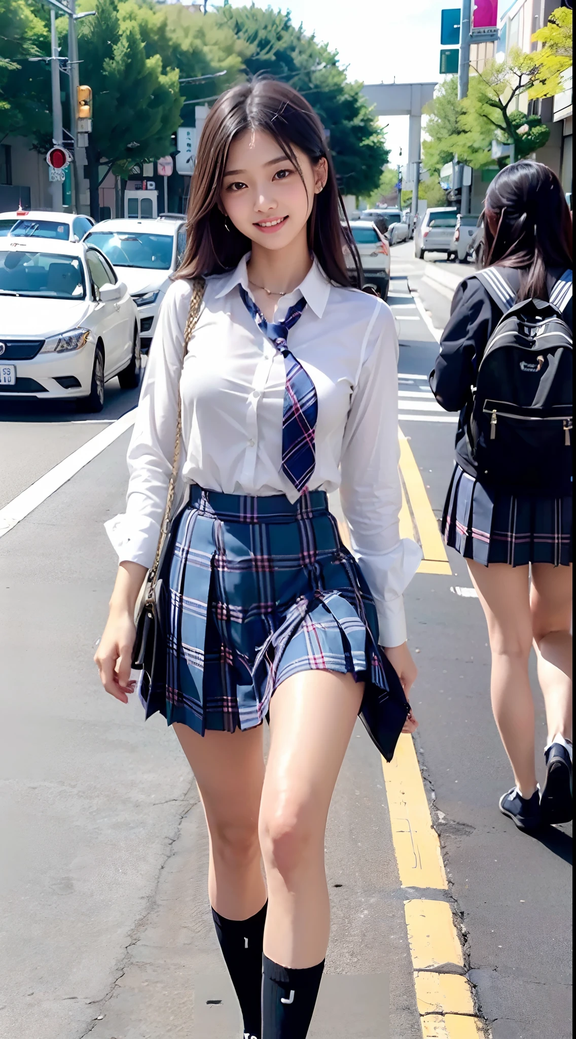 ​masterpiece, magnifica, top-quality、length hair, thoroughness, , 、( girl)、ighly detailed, , Roll your eyes、A smile, , sexual excitement、Sex Expressions、shinny skin、In the street、traffic jam、((The blouse flutters、High school girl walking with cute bra exposed)),((Japan schoolgirl uniform))、Student Bag、plaid skirts