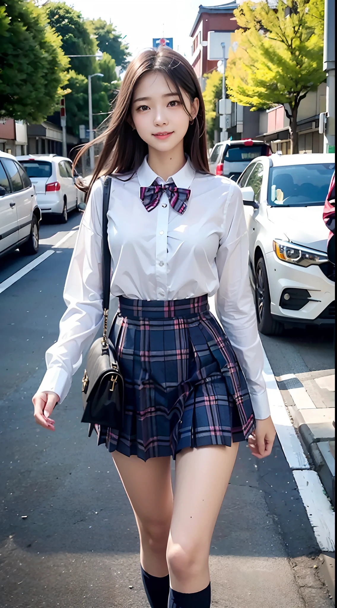 ​masterpiece, magnifica, top-quality、length hair, thoroughness, , 、(**** girl)、ighly detailed, , Roll your eyes、A smile, , sexual excitement、Sex Expressions、shinny skin、In the street、traffic jam、((Blouse open、High school girl walking showing off cute bra)),((Japan schoolgirl uniform))、Student Bag、plaid skirts、Cute bra、