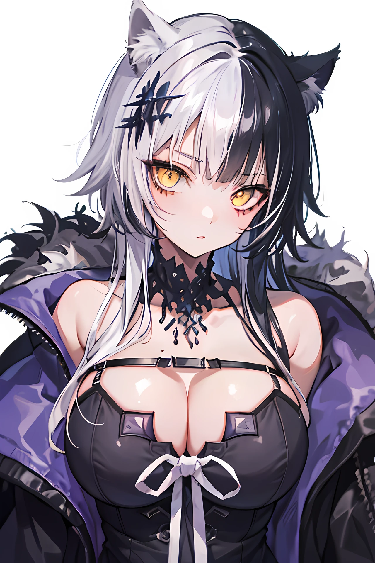 best quality, expressive eyes, perfect face, white hair, black jacket, cat ears, cat eyes, yellow eyes, long hair, huge breasts, one female,