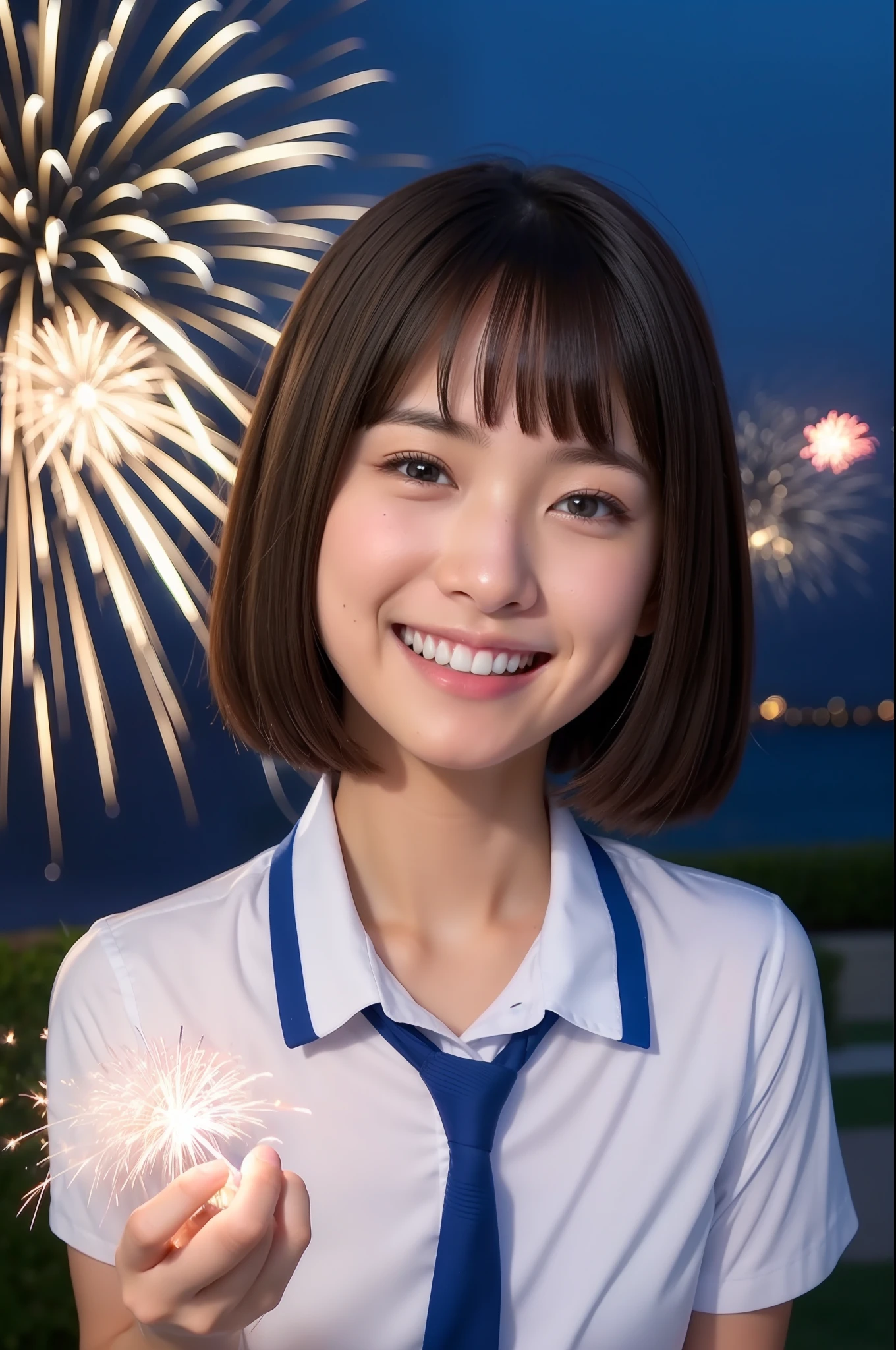 A smile、hi-school girl、While doing fireworks、mare