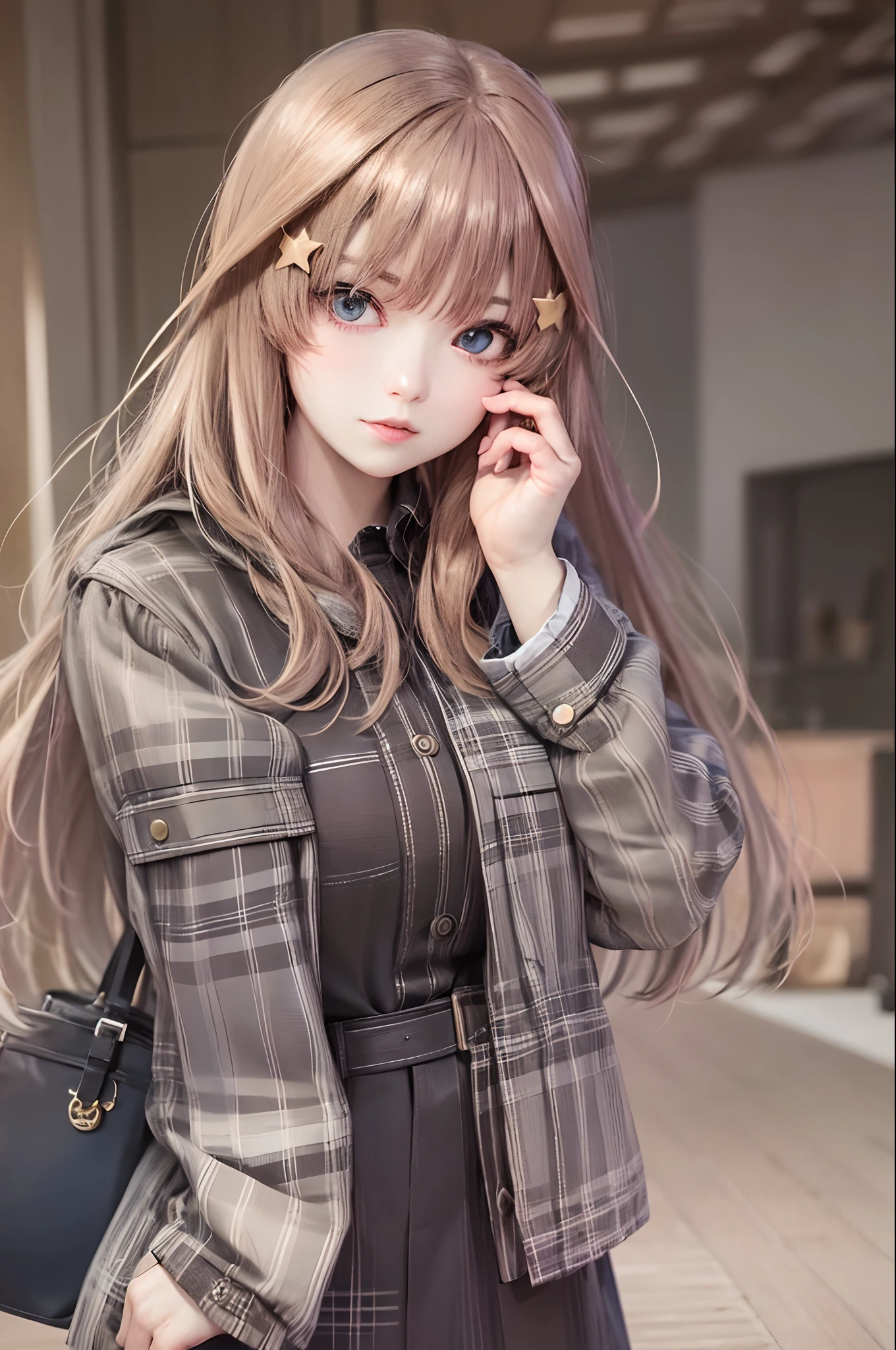 (Prominencia en obra maestra, La mejor calidad: 1.2), solamente, 1 girl,Itsuki nakano, serio, boca cerrada, Mirando al espectador, Mano en la cara, sentada, Piernas cruzadas, Camisa con cuello, Atar, falda, Medias , muslos grandes, pechos grandes)
