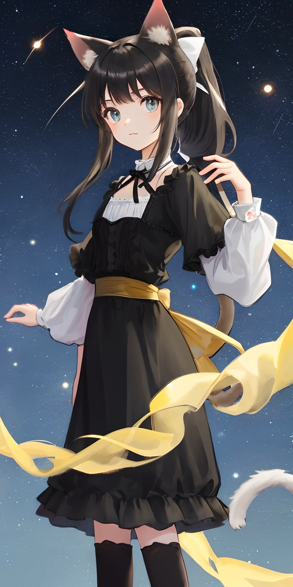 Wear a black dress,One of the men standing in the starry sky has black hair,Petite cute girl with cat ears tied in a ponytail