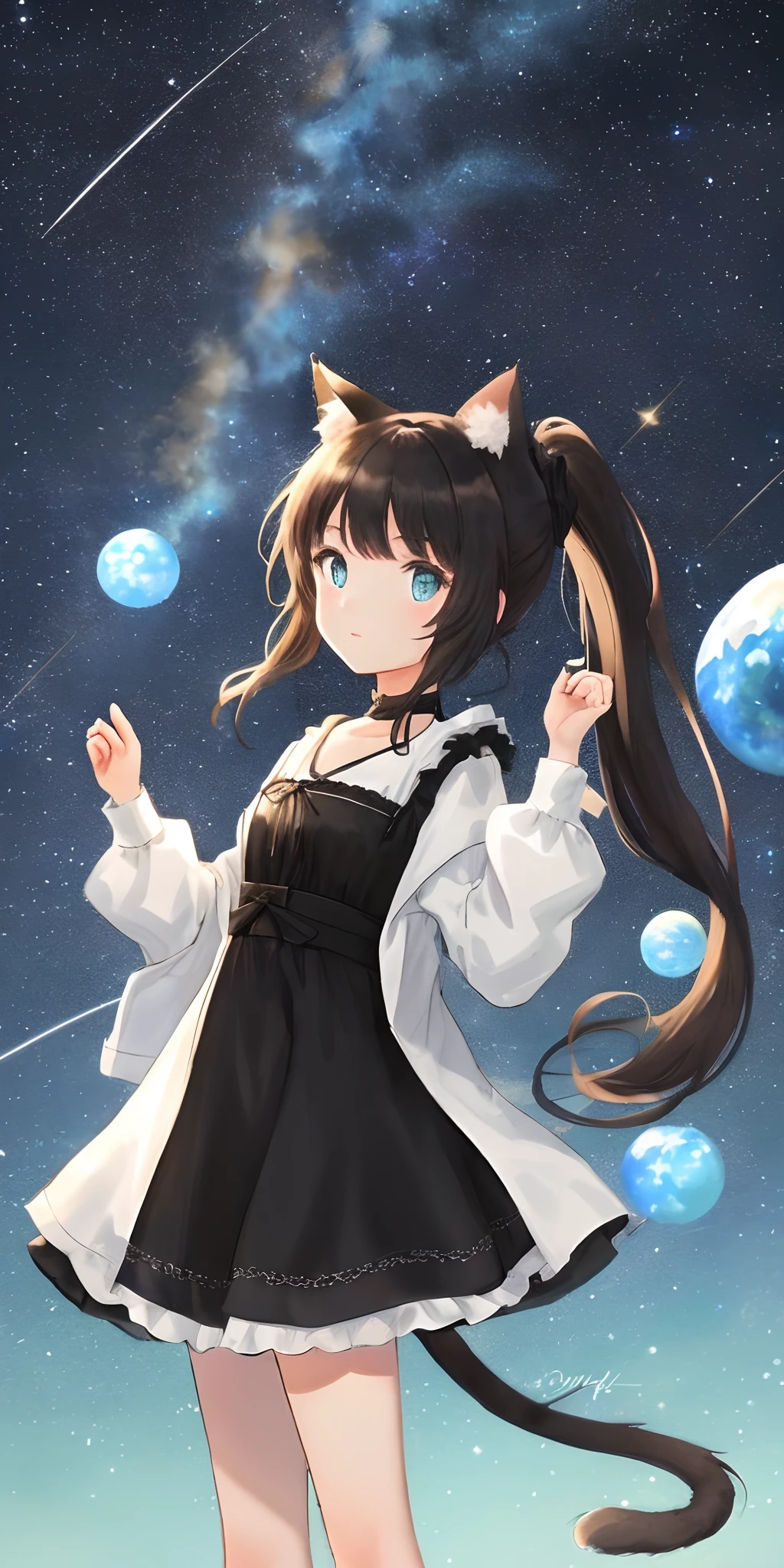 Wear a black dress,One of the men standing in the starry sky has black hair,Petite cute little girl with cat ears tied in a ponytail