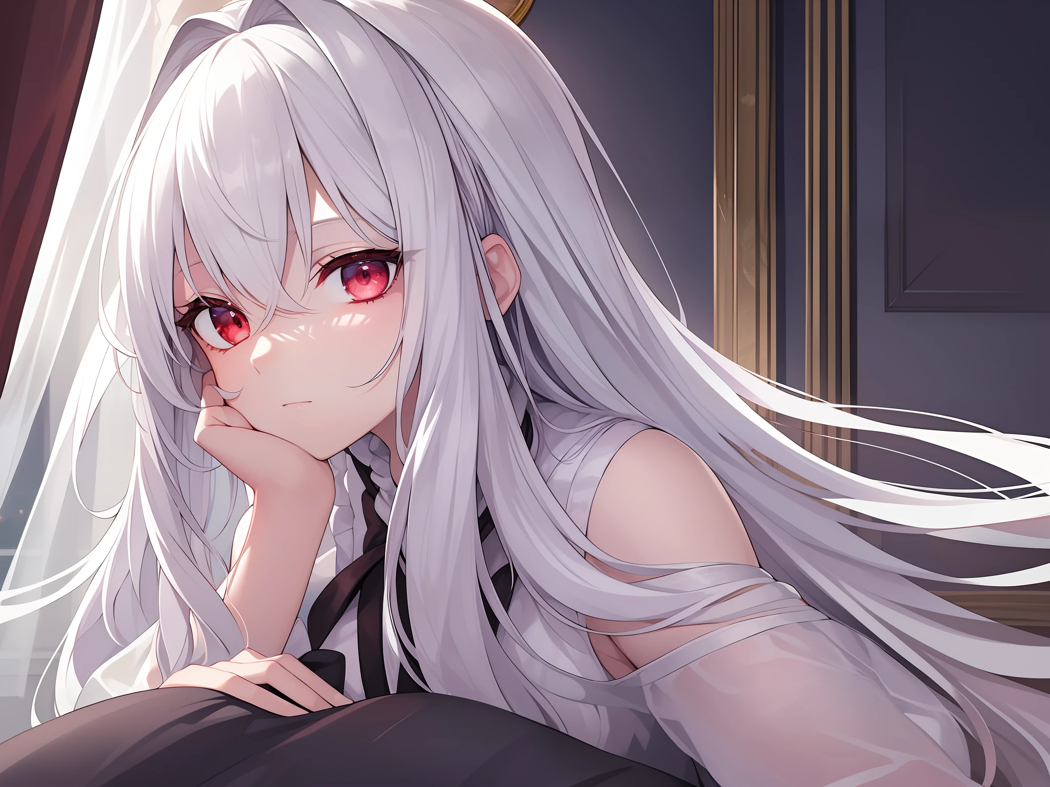 ((Masterpiece, Best quality))++, Detailed light+, Detail hair+, detail hand+ ,1girll, woman, Long hair, dark red eye, Beautiful eyes, Young gray hair,,(Beautiful white hair:1.5),(Beautiful detailed eyes), , high resolution+, Masterpiece, , Glass tones, Reflective eyes, {{Angle}} , extremelydetailedwallpaper, Original,full bodyesbian,Bedrooms,upper legs, Beth,starrysky,Issuing,,swim wears