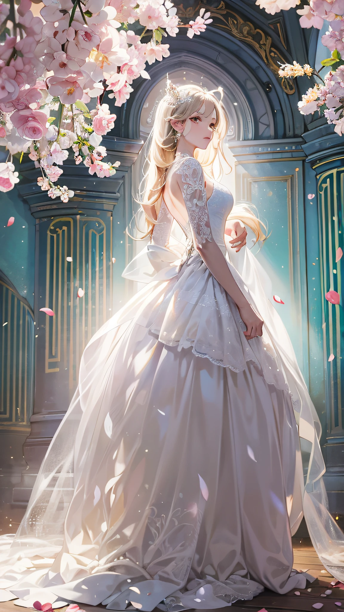 ((best quality)), ((masterpiece))  WEDDING PRINCESS DRESS, light ray, lens flare, white petals, long coated cat, exotic