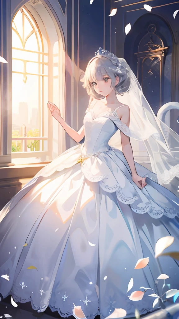 ((best quality)), ((masterpiece))  WEDDING PRINCESS DRESS, light ray, lens flare, white petals, long coated cat, exotic
