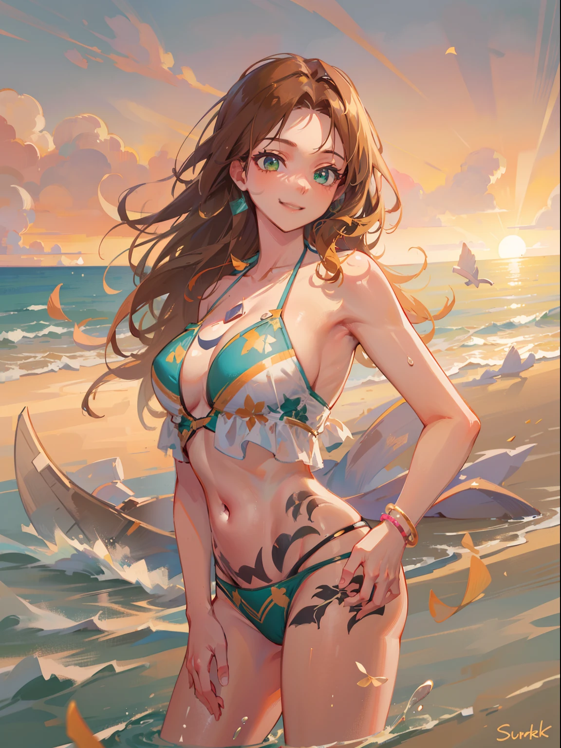 (masterpiece), best quality, beautiful detailed hair detailed face, ultra high res, sharp focus, ((1 woman, solo)), (warm pastel color), high saturation, perfect feminine face, upper body, back view, medium close-up, dutch angle, (at the evening time:1.5), in the beach, sutset, ((beautiful shape eyes, green eyes)), chesnut brown har, long hair, smiles, (colorful bikini:1.2)