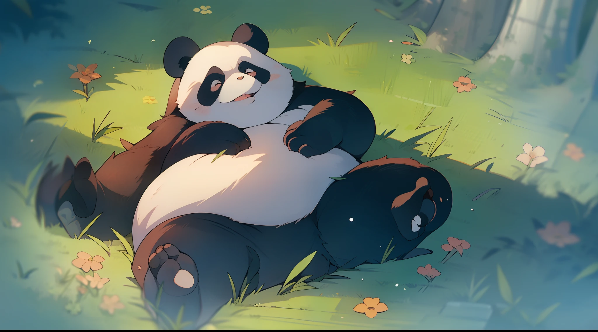 A panda lies on the grass，Belly up，Miyazaki anime is super cute，deep dark background，jungle backdrop