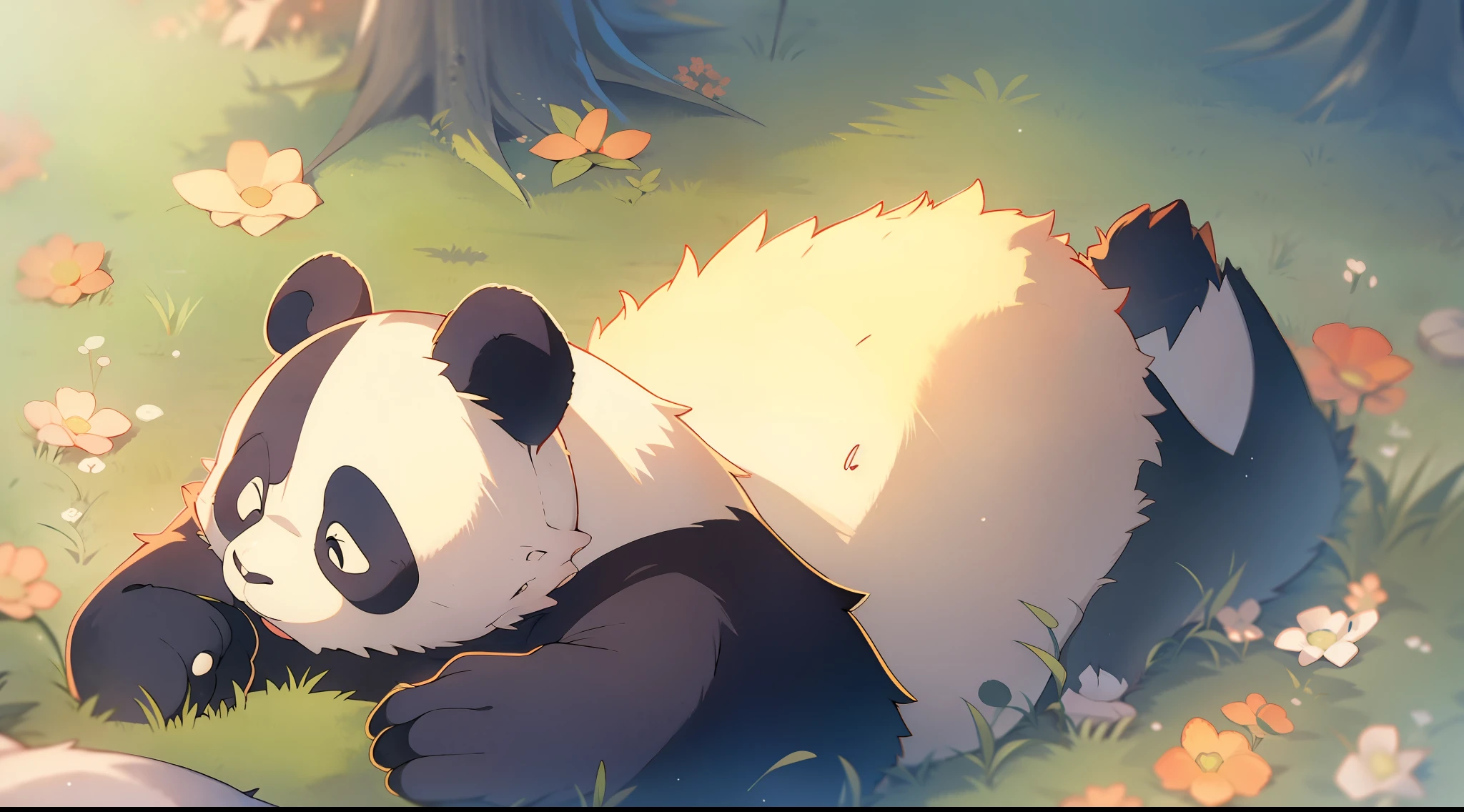 A panda lies on the grass,Belly up,Hayao Miyazaki animation