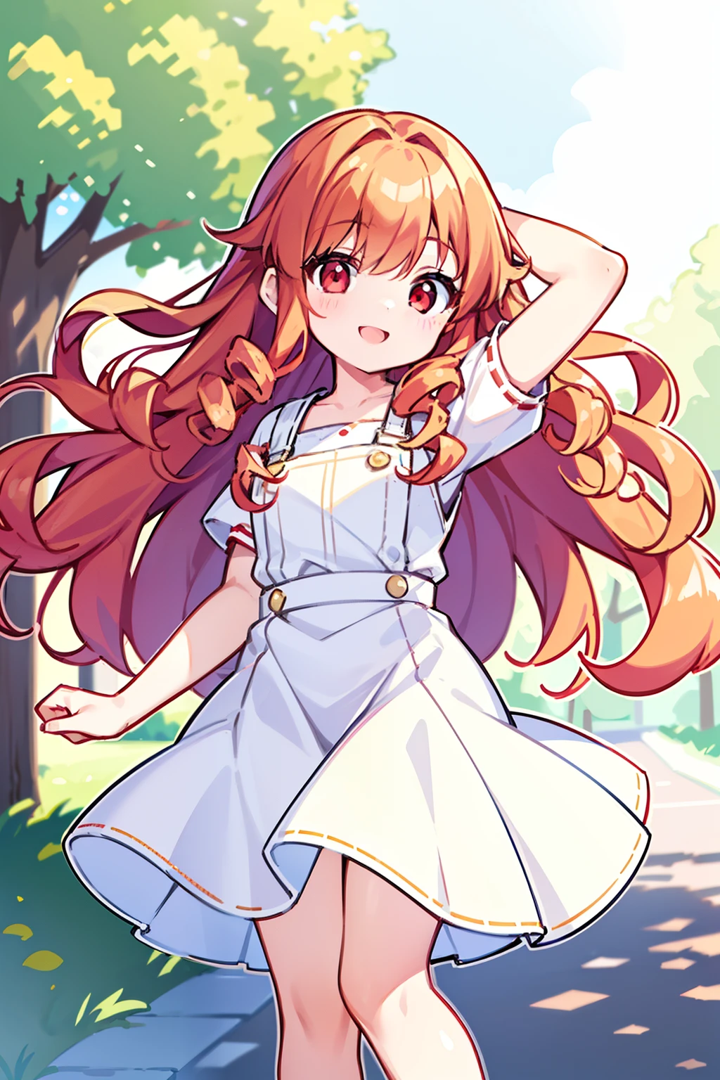 masterpiece, hyper quality, 1girl, solo girl, light gold hair, red eyes, ((curly hair)), long hair, smiling, white t-shirt, red overalls skirt, white stocking, cute, happy, clear, in the noon, clear sky, with the sun, in the park, with trees, with flowers