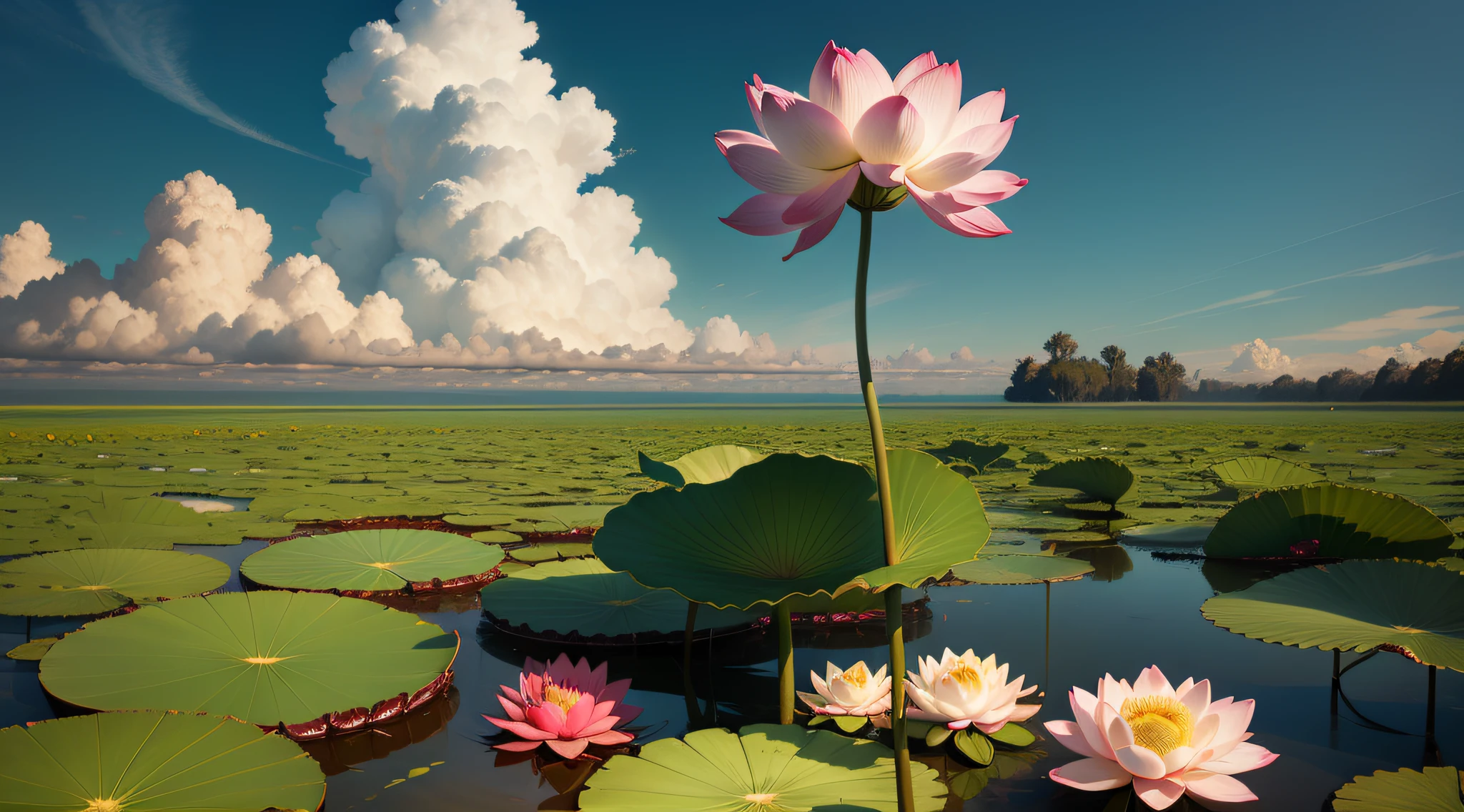 lotuses,Lotus leaf,smooggy,wonderland,shock,Carp bites lotus,Flower petals all over the sky,Super shocking and beautiful