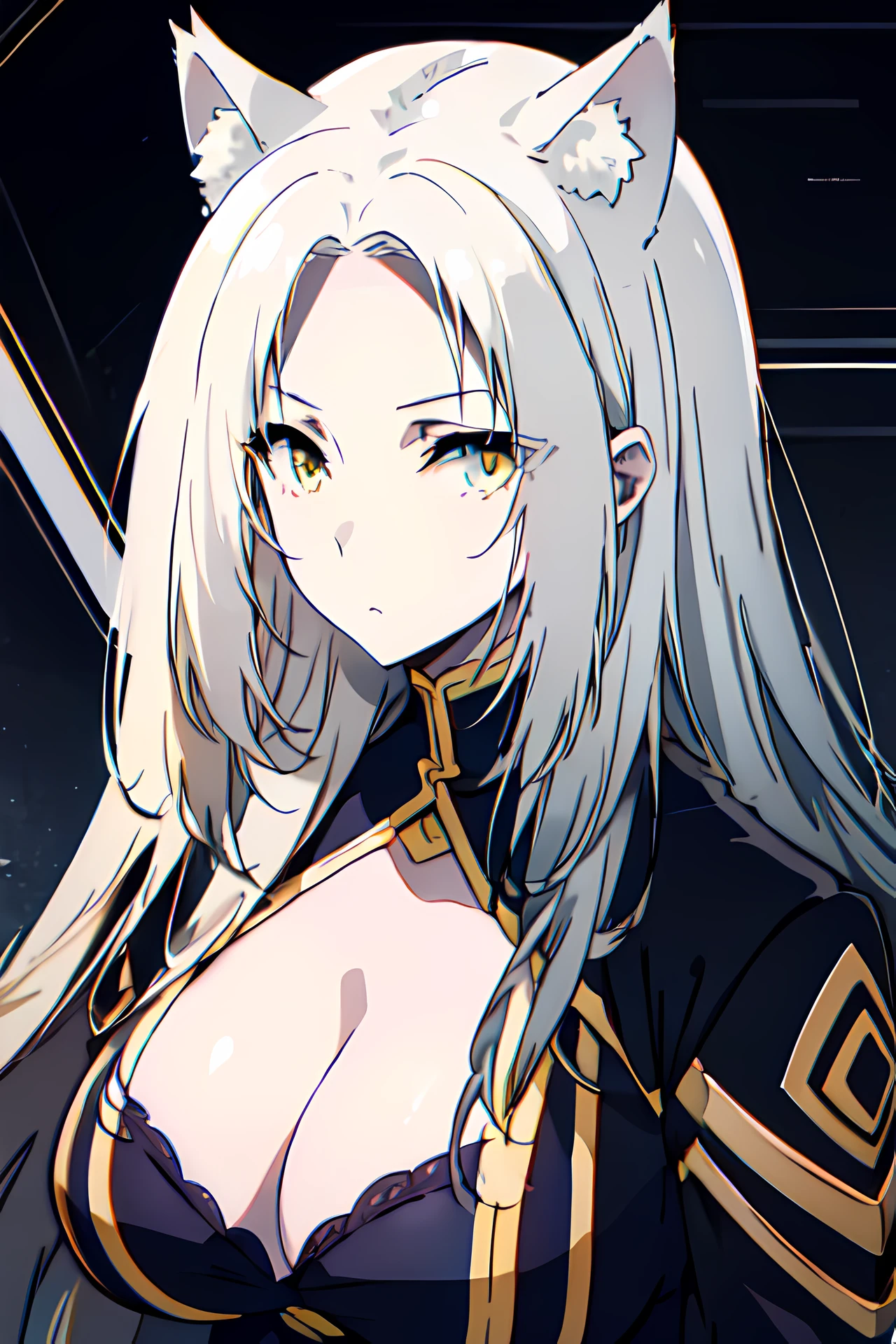 best quality, expressive eyes, perfect face, white hair, black jacket, cat ears, cat eyes, yellow eyes, long hair, huge breasts, one female,