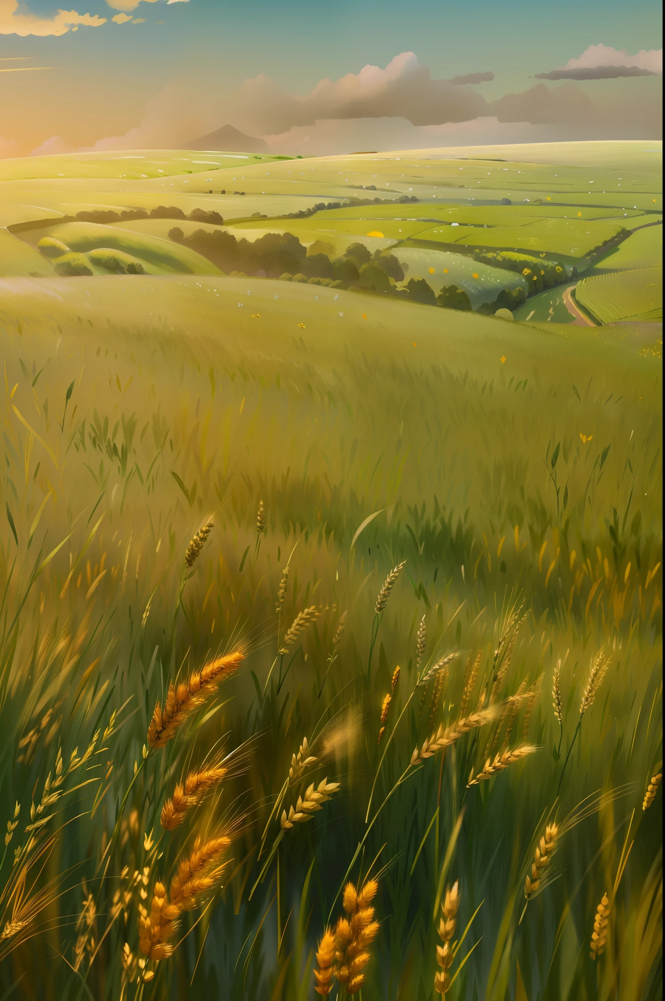 arafed field of green grass with a blue sky in the background, wheat fields, wheat field, i see fields of green, vast wheat fields, immense wheat fields, verdant green fields, wheat field behind the house, tall acid green grass field, on the vast wheat fields, high grain, in a large grassy green field, green field, empty wheat field, scenery,wallpaper,wheat,4k, masterpiece, original art, beautiful lighting, light streams, caustics,lilypads, zeiss, sigma, photography, canon 5d