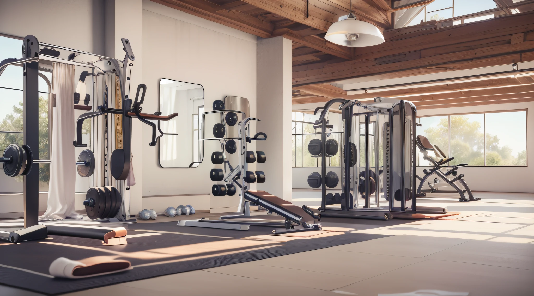 Create a gym scenario, poucos equipamentos, tons de branco, estilo caricatura, 4k