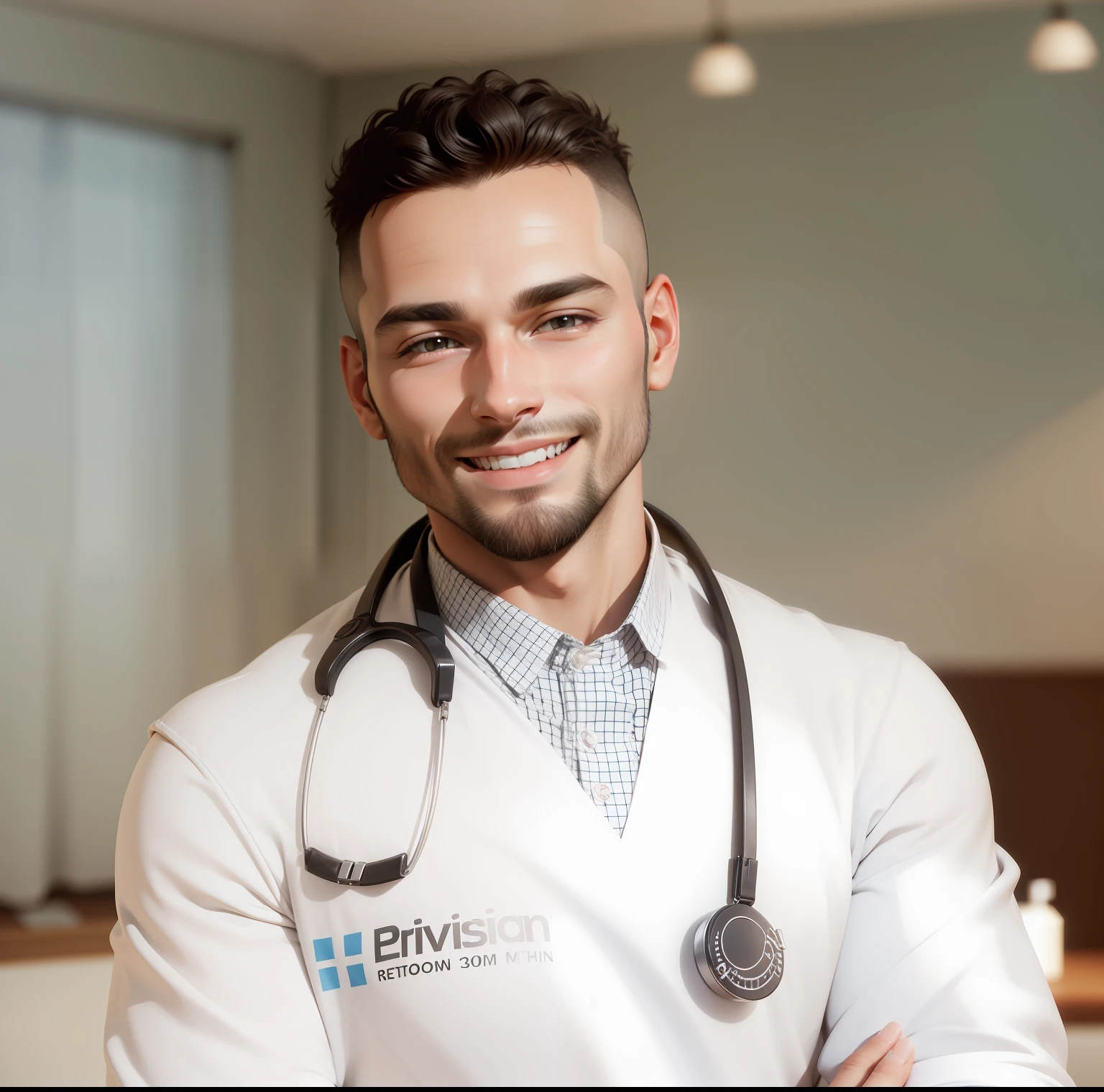 3d realistic young 30 year old look, with smile and less hairs on head