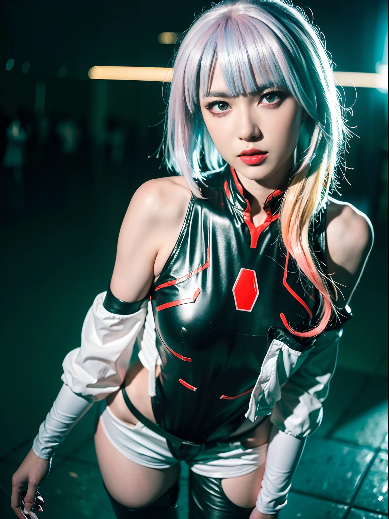 ((Masterpiece, high resolution:1.4), lucy_cyberpunk, neon lights, night at city, cowboy shot, 1girl, white short hair, bangs, ((red eyeliner)), ((makeup)), red lips, white off-shouler jacket, black bodysuit, bare shoulders, white shorts, hip vent, black thighhighs, black boots, highly detailed skin, skin pores,(highly detailed face:1.1), (highly detailed eyes:1.1), realistic pupils, full face blush, full lips, (perfect anatomy:1.1), (perfect proportions:1.1), (photography:1.1), (photorealistic:1.1), volumetric lighting, dynamic lighting, real shadows, (highres:1.1), sharp focus, (realistic, hyperrealistic:1.4), intricate, high detail, dramatic, subsurface scattering, big depth of field, vivid, polished, sharpened, ((full Sharp)), (extremely absurdres),16k hdr,