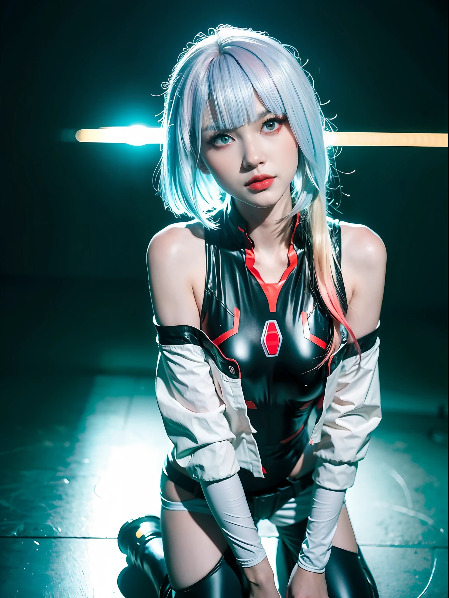 masterpiece, best quality, highres, lu1, cyborg, multicolored hair, makeup, bare shoulders, black leotard, highleg leotard, (thong:1.1), white jacket, open jacket, belt, shorts, cowboy shot, cyberpunk, sitting, crossed legs, bench,