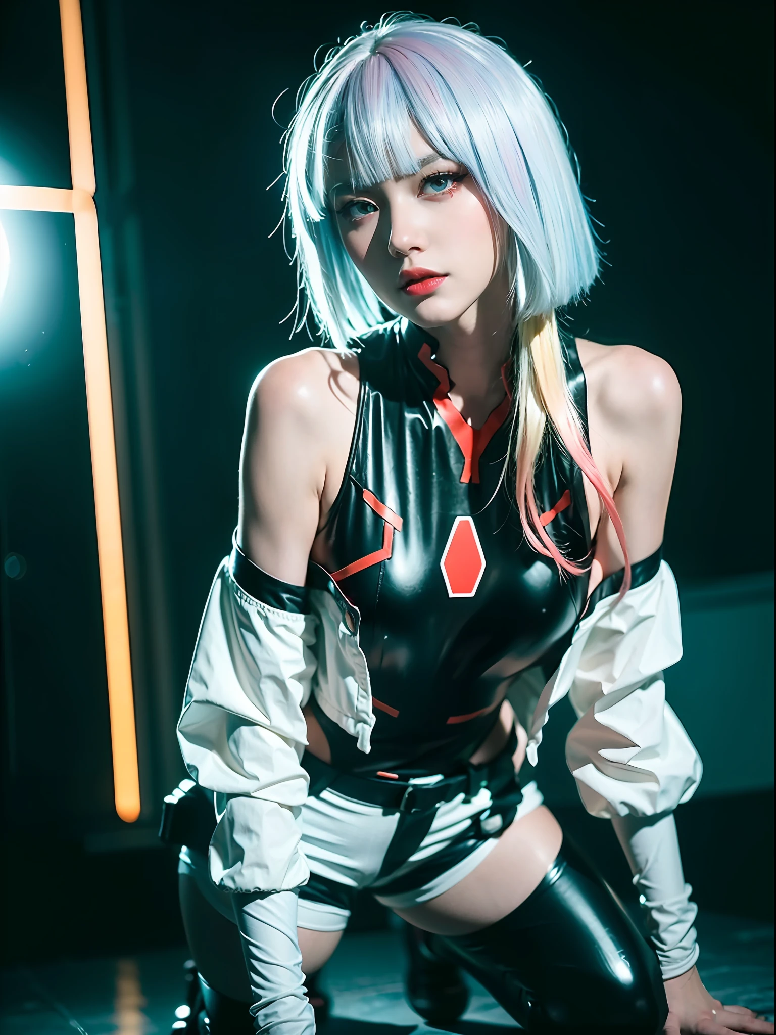 ((Masterpiece, high resolution:1.4), lucy_cyberpunk, neon lights, night at city, cowboy shot, 1girl, white short hair, bangs, ((red eyeliner)), ((makeup)), red lips, white off-shouler jacket, black bodysuit, bare shoulders, white shorts, hip vent, black thighhighs, black boots, highly detailed skin, skin pores,(highly detailed face:1.1), (highly detailed eyes:1.1), realistic pupils, full face blush, full lips, (perfect anatomy:1.1), (perfect proportions:1.1), (photography:1.1), (photorealistic:1.1), volumetric lighting, dynamic lighting, real shadows, (highres:1.1), sharp focus, (realistic, hyperrealistic:1.4), intricate, high detail, dramatic, subsurface scattering, big depth of field, vivid, polished, sharpened, ((full Sharp)), (extremely absurdres),16k hdr,