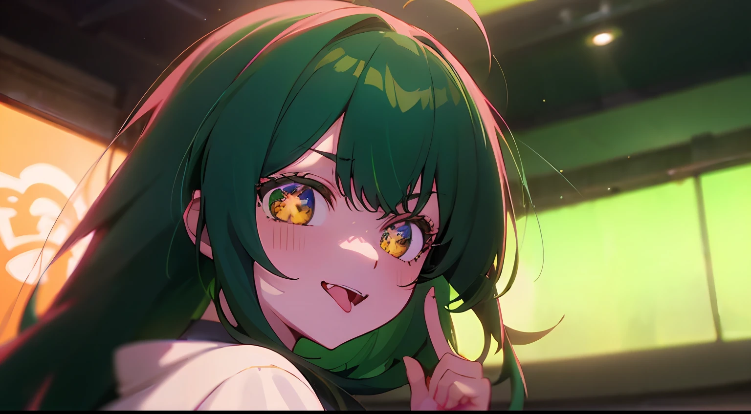 "(((Yoasobi Idol Thumbnail))),女の子1人,The long-haired,Hair color between green and black,yellow eyes,Green clothing,tongue-out,A smile,Wanahoge,bustup,Stage lights are shining from behind" , Anime girl with green hair and green eyes in theater, anime moe art style, anime style 4 k, cunning expression, Anime visuals of cute girls, Detailed Digital Anime Art, High quality anime art style, rogue anime girl, Anime Waifu, close up of a young anime girl, Portrait of an anime girl, young anime girl, with index finger