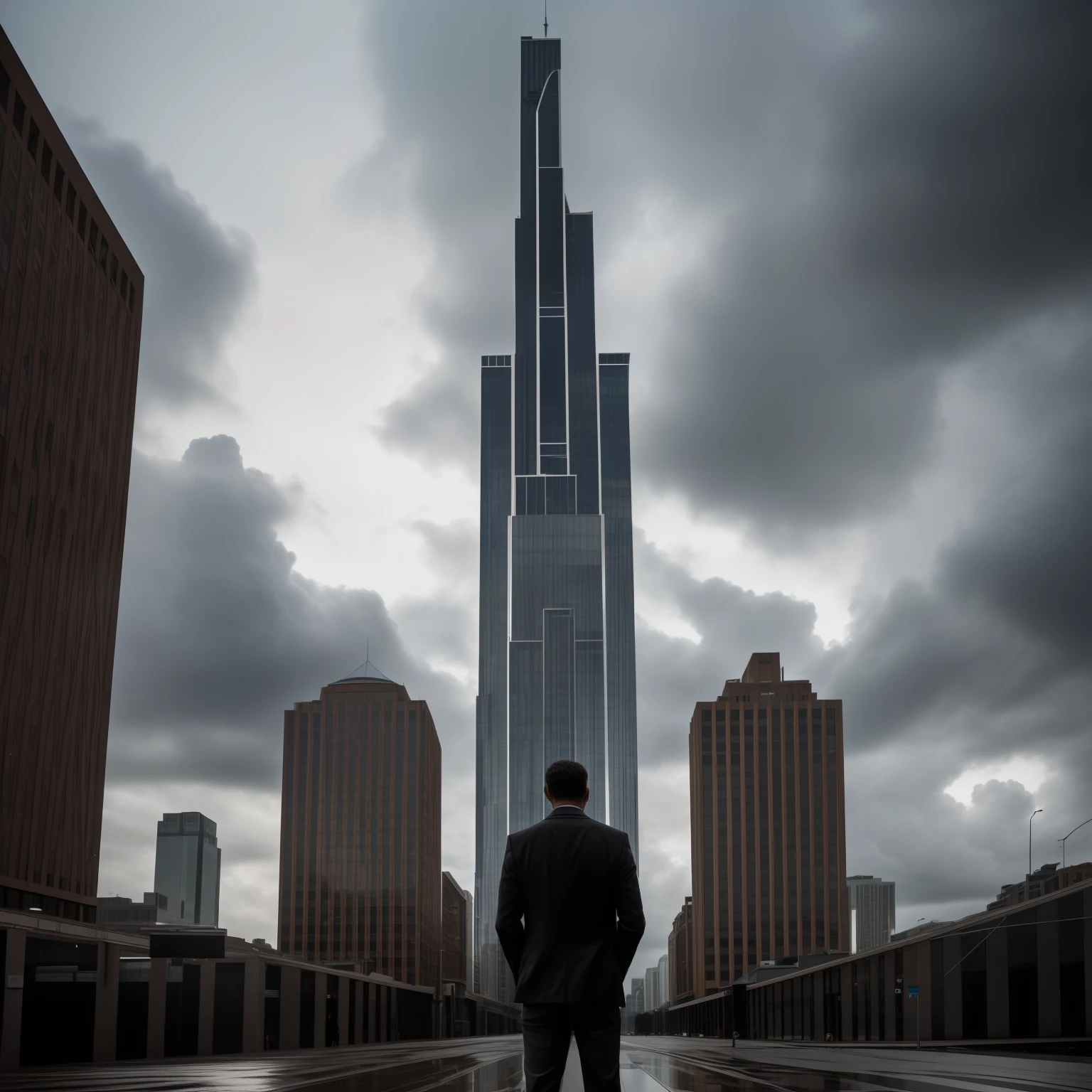 (A man standing in front of a towering building, gazing up at its magnificent height on a rainy day, with daylight filtering through the clouds.)