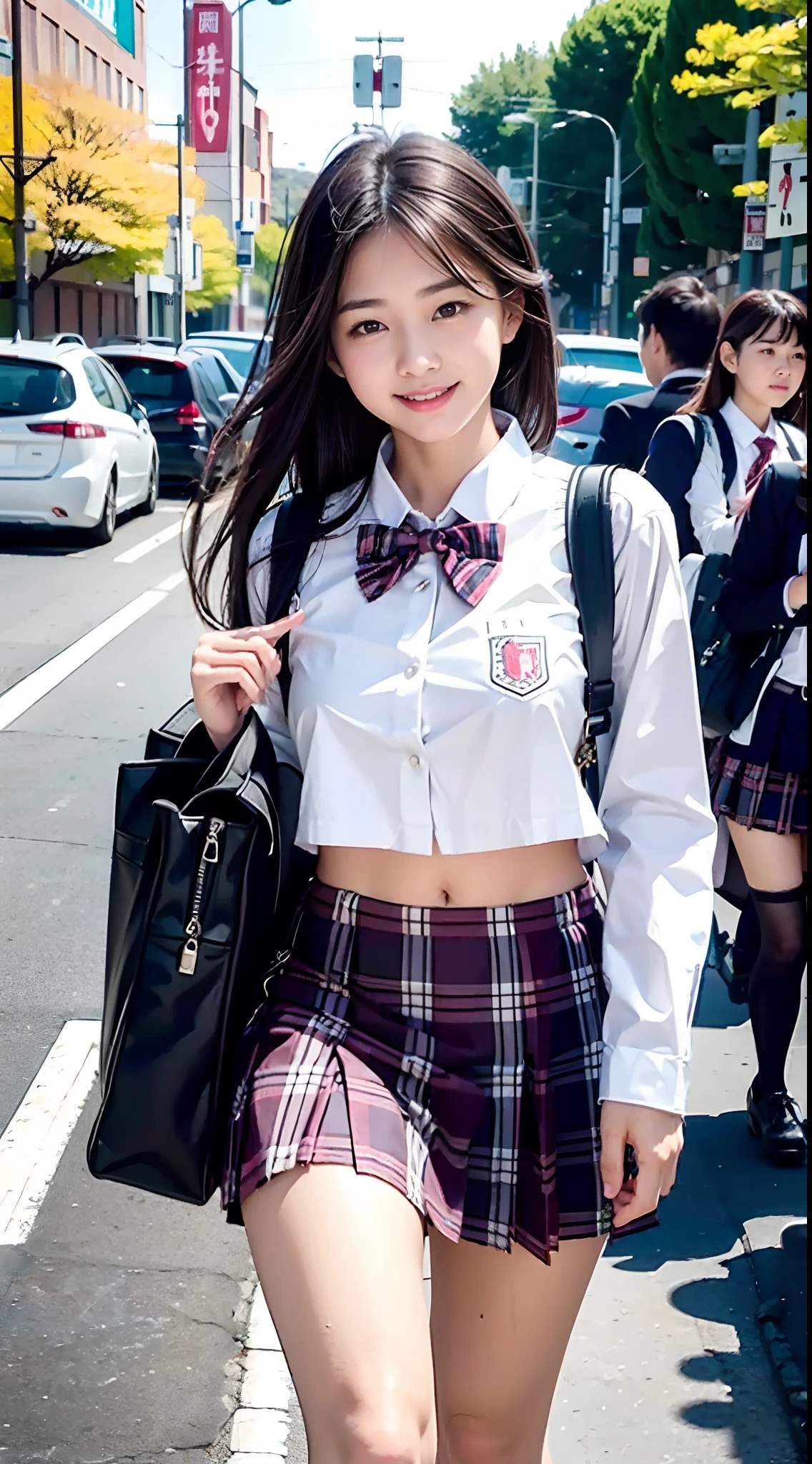 ​masterpiece, magnifica, top-quality、length hair, thoroughness, , 、(**** girl)、ighly detailed, , Roll your eyes、A smile, , sexual excitement、Sex Expressions、shinny skin、In the street、traffic jam、((Uniform Open、High school girl walking showing cute bra)),((Japan schoolgirl uniform))、Student Bag、plaid skirts、Cute bra、