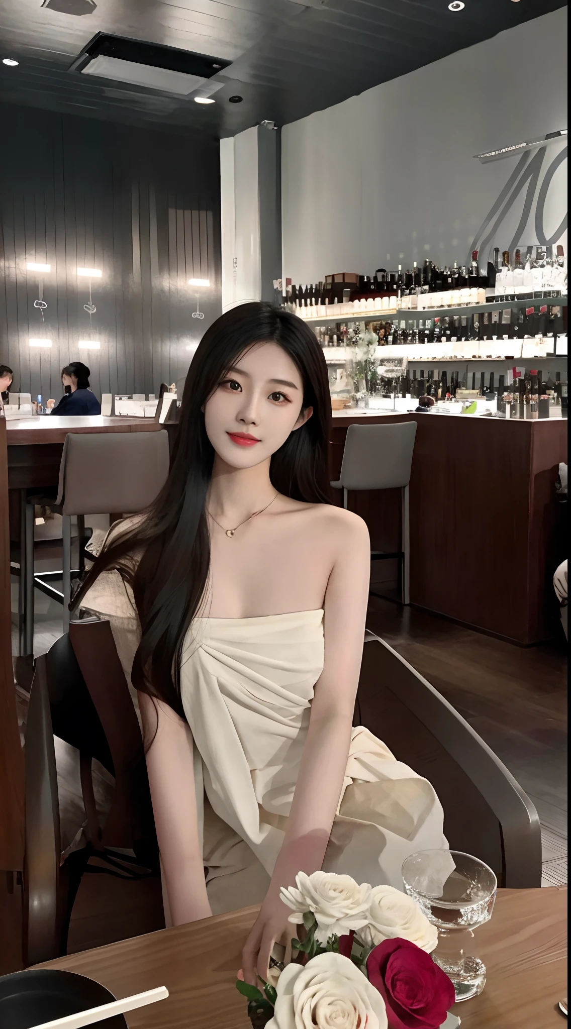 The woman sits at the table，There is a vase of flowers in front of him, gorgeous chinese models, Gorgeous young Korean woman, full-body xianxia, beautiful Korean women, xintong chen, Beautiful young Korean woman, wenfei ye, A young Asian woman, xision wu, Beautiful Asian girl, Chinese girl, chengyou liu, 19-year-old girl