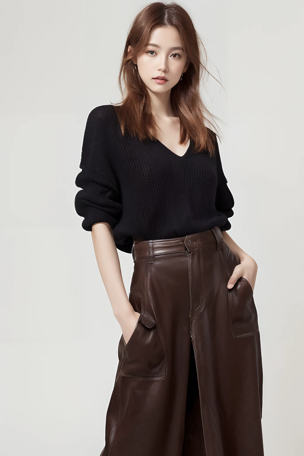 (Detailed Full Body RAW Pictures of Women: 1.5), ((masutepiece, of the highest quality, High Definition)), 1 cool woman, (Photorealistic: 1.4), Solo, Pure white background, Cool makeup, (Tight outer boulev hair, Dark brown hair color: 1.4), (Cool Fashion, Ginger style: 1.2)
