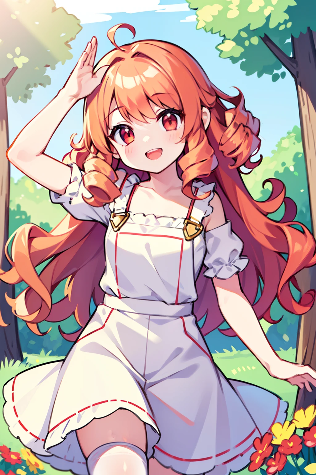 masterpiece, hyper quality, 1girl, solo girl, light gold hair, red eyes, ((curly hair)), long hair, smiling, white t-shirt, (red overalls skirt), frilled, white stocking, cute, happy, clear, in the noon, clear sky, with the sun, in the park, with trees, with flowers