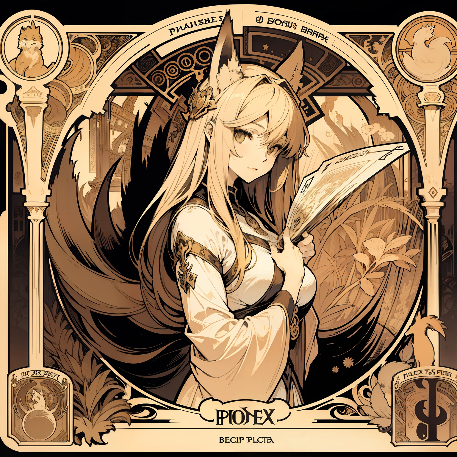Alphonse Mucha、tarot card design、Fox Spirit、bustup、Horizontal view、Sepia tone