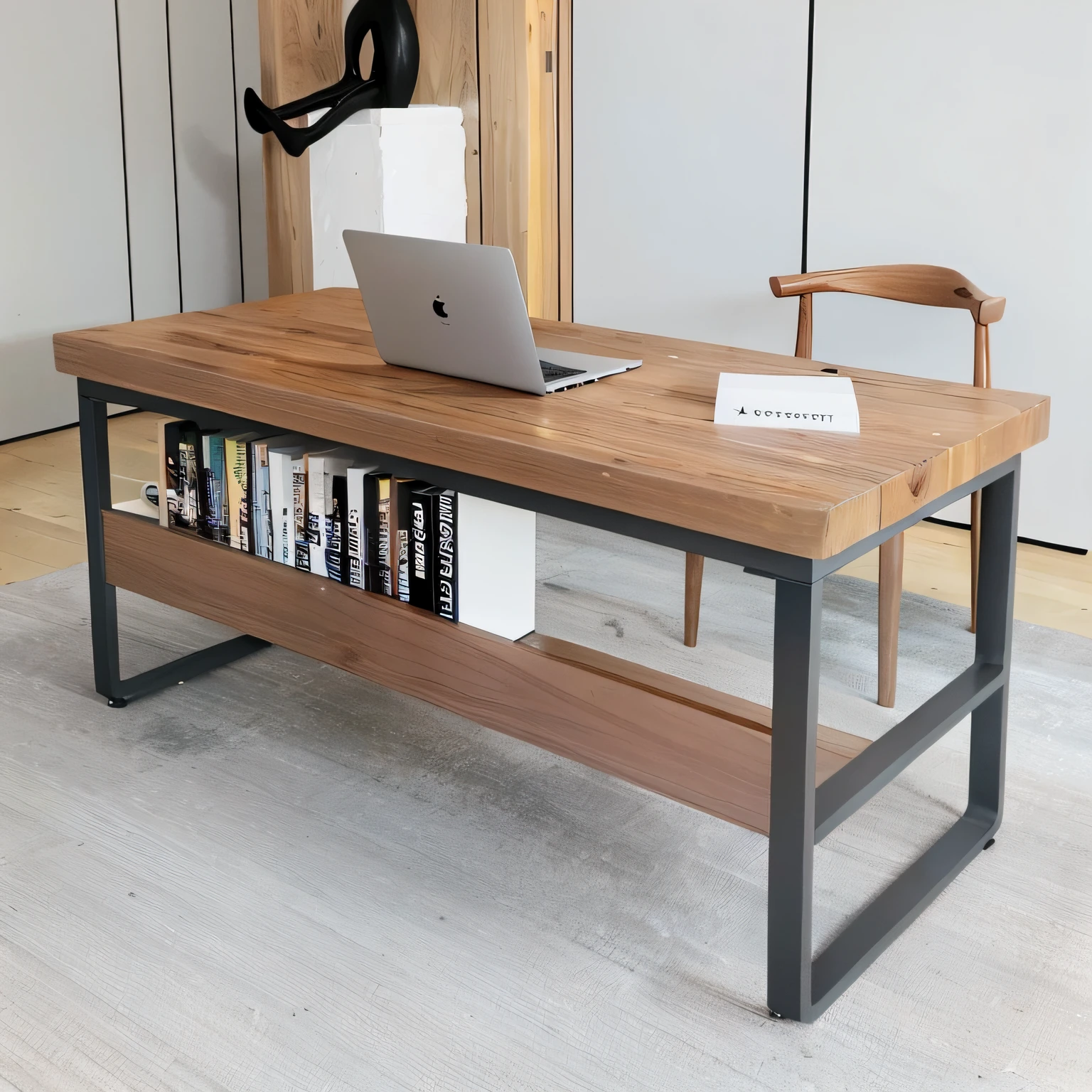 There was a laptop and a chair on the wooden table, Wooden table with books, minimalist desk, luxurious wooden coffee table, Wooden table, wooden coffee table, detailed wooden table, couch desk, big desk, wooden tables, elegant study, wooden tables, short bookshelf, Computer desk, teak table, minimalist home office, game table, on a coffee table