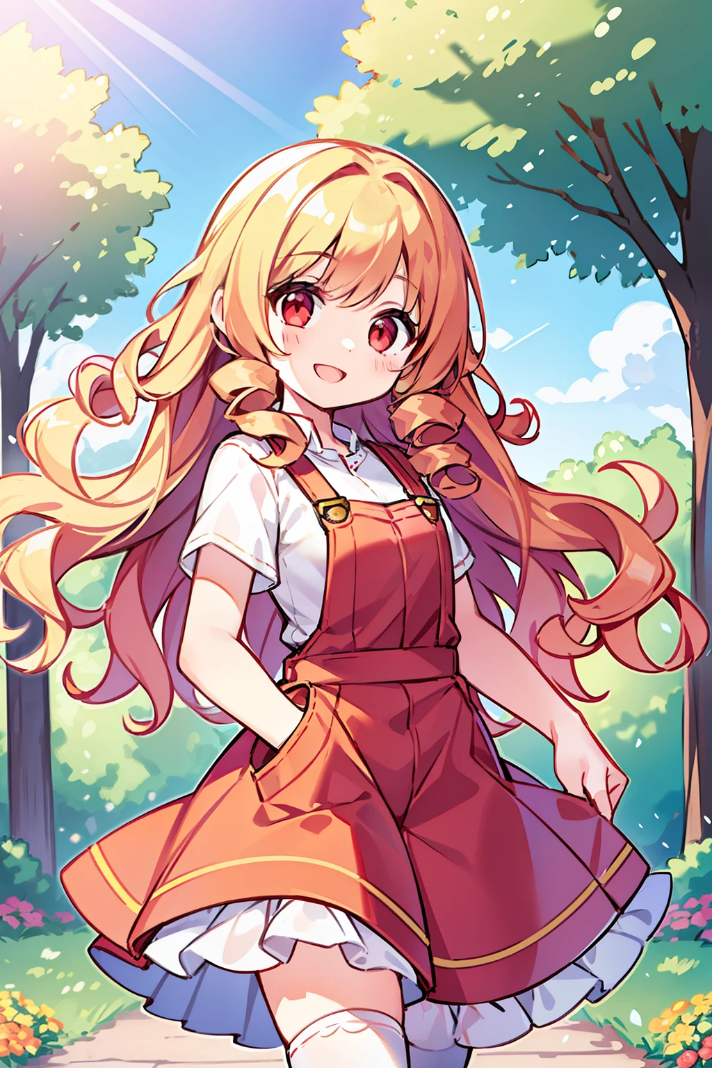 masterpiece, hyper quality, 1girl, solo girl, light gold hair, red eyes, ((curly hair)), long hair, smiling, (red overalls skirt), frilled, white stocking, cute, happy, clear, in the noon, clear sky, with the sun, in the park, with trees, with flowers