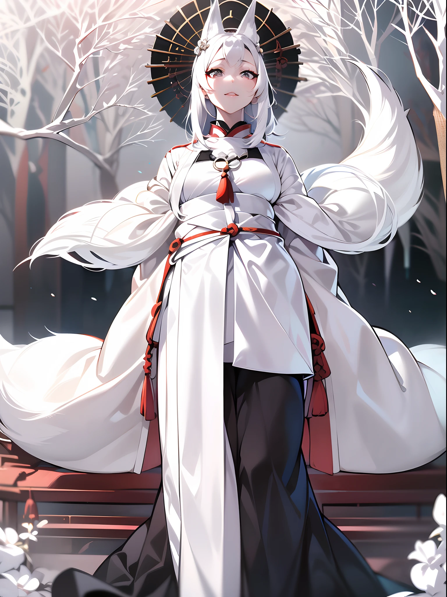 professional lighting,jpn,1girl in,((onmyouji)),18 year old beautiful woman,((((white Fox ears)))),((Luminescent clothing)),(long shiny white hair),(Bushy white tail),nice hands, perfect hands,((An ancient shrine surrounded by giant white trees that emit light with pale light)),(((A white fox girl staring at us in the center of a shrine stage surrounded by pale light))),((Floating light spot)),((((God Light)))),from above,face forcus