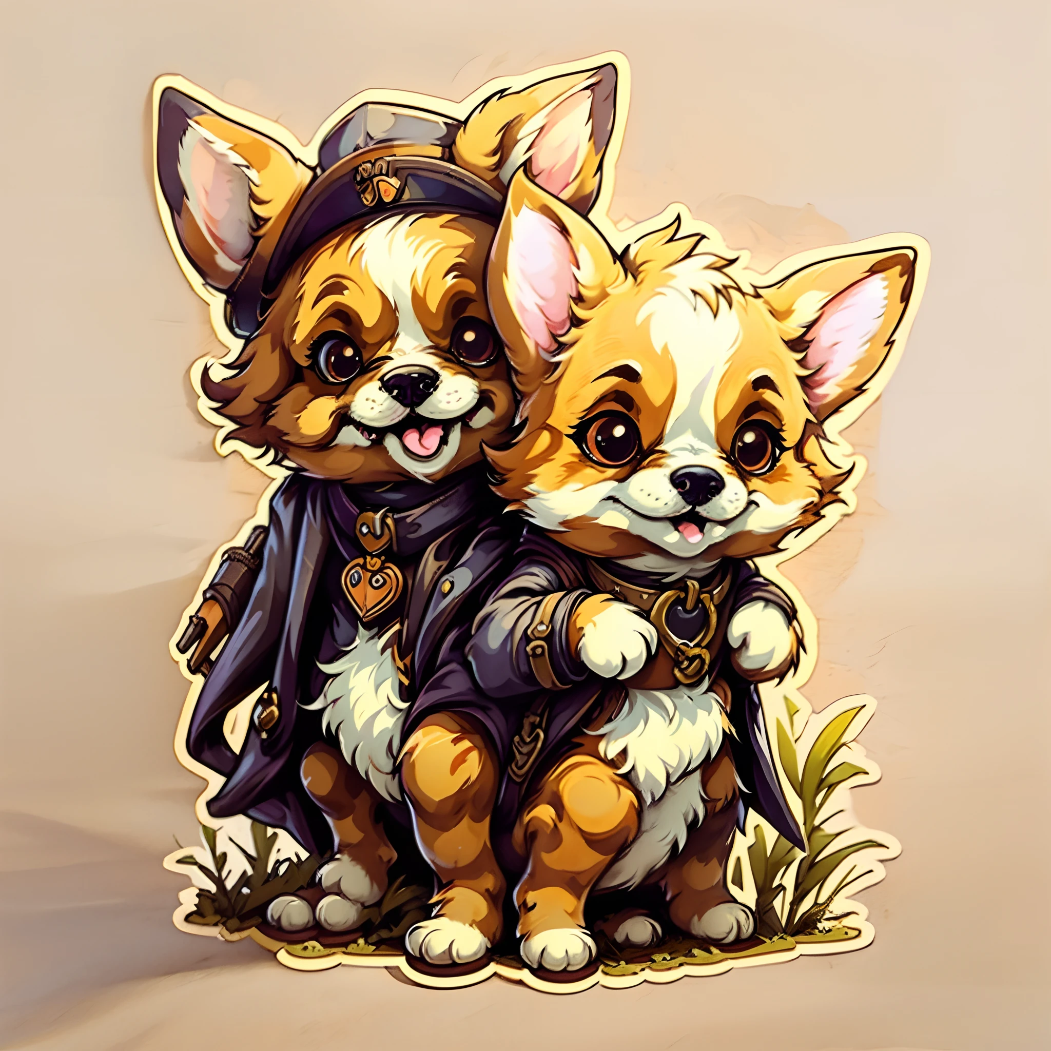 A cartoon illustration of a corgi with steampunk costume and gun, A cute steampunk print corgi, Portrait of steampunk corgi, Steampunk corgi, lofi steampunk bioshock portrait, punk, BioShock steampunk portrait, Cute detailed digital art, cute character, advanced digital chibi art, Steampunk dog, Lovely corgi