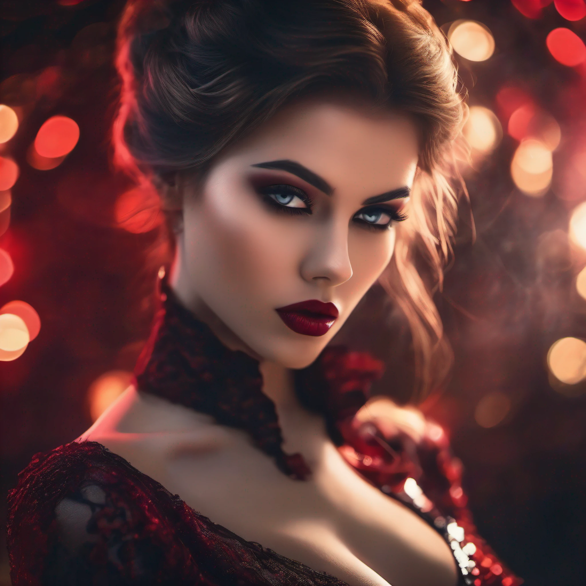 a beautiful woman, 1 girl, wearing red lace lingerie, black long coat, studio lighting, high fashion, glamorous, elegant, long wavy hair, seductive pose, looking at camera, photorealistic, 8k, hyper detailed, cinematic lighting, dramatic colors, chiaroscuro, dark moody atmosphere