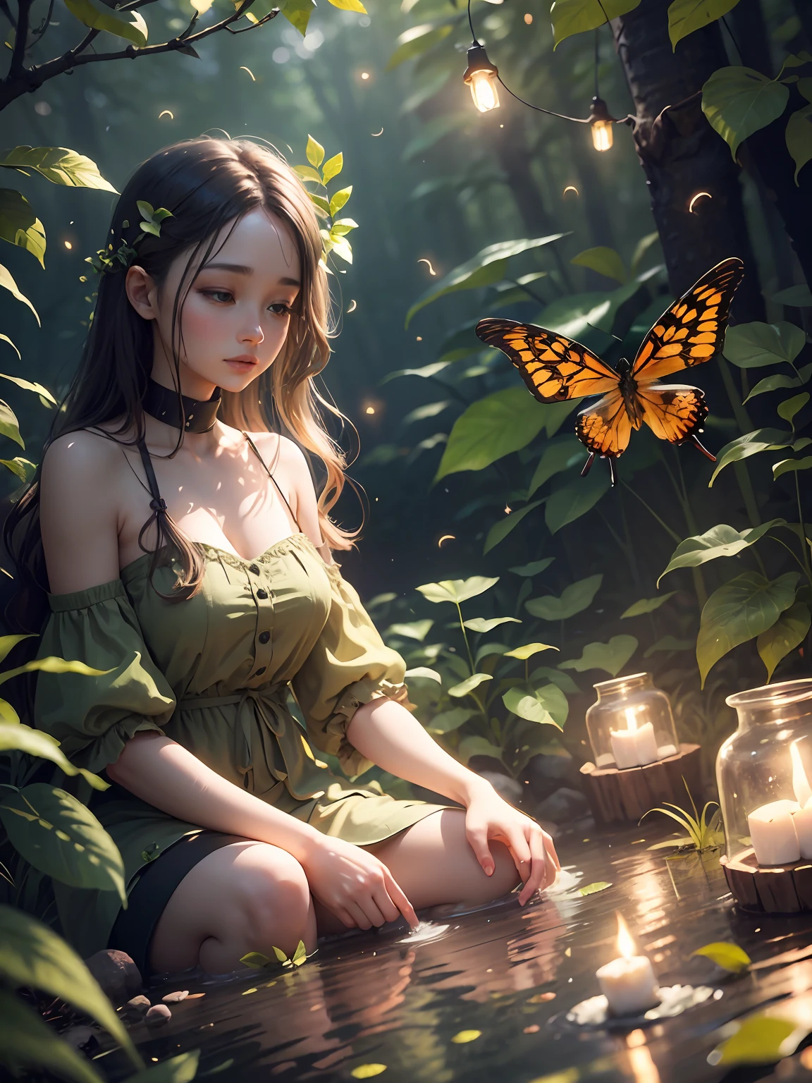 Masterpiece, best quality, extremely beautiful reflection, best reflection. (Very detailed CG unity 8k wallpaper), (best quality), (best illustration), (best shadow), girl, silk, slime, delicate makeup, forest theme with natural elements. Tall trees, quiet streams, glowing small mushrooms, surrounded by delicate leaves and branches, and fireflies and glowing particle effects, (natural elements), (jungle theme), (leaves), (branches), (fireflies), butterflies, (delicate leaves), (glow), (particle effects). , isometric 3D, Octane rendering, ray tracing, super detailed