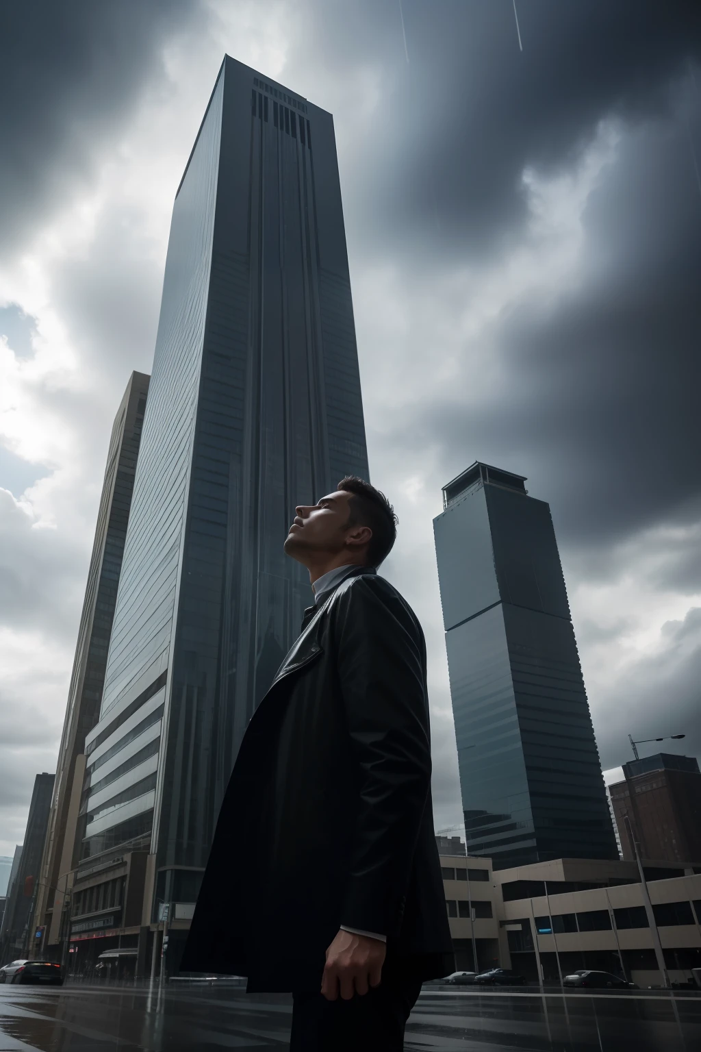 (Close-up, A man standing in front of a towering building, dynamic pose, gazing up at its magnificent height on a rainy day, with daylight filtering through the clouds.)