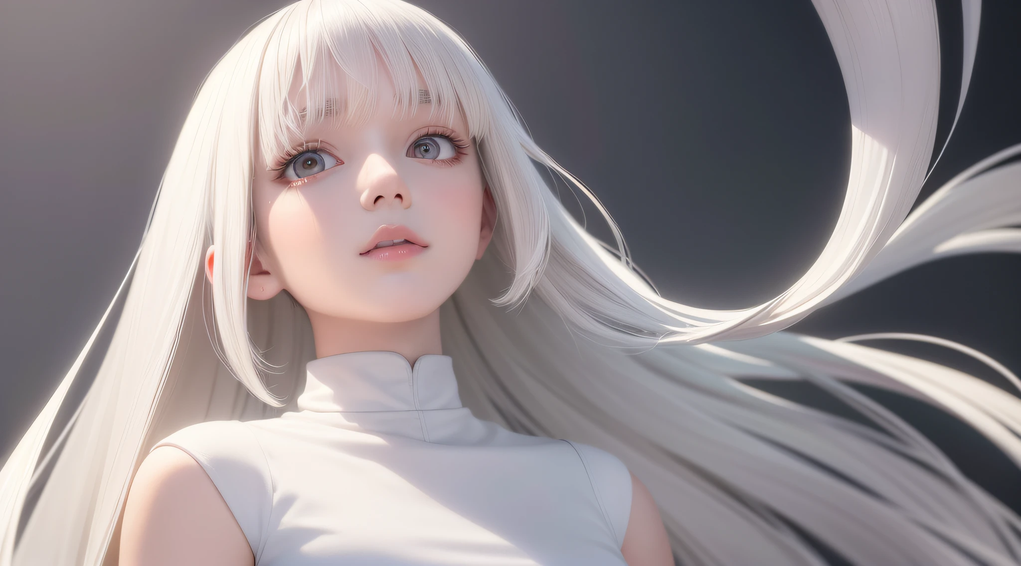best quality, masterpiece,white hair, gold eyes,white clothes, looking up, upper body,hair strand,Fair skin,side braids