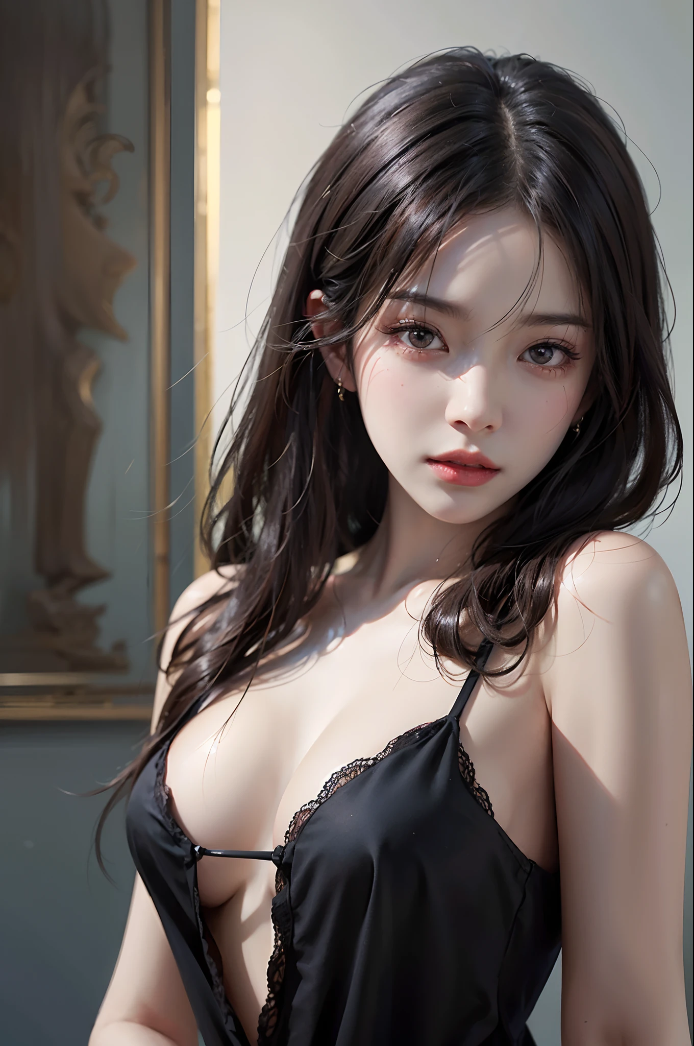 arafed woman in a black dress posing for a picture, a photorealistic painting inspired by Yanjun Cheng, Artstation, digital art, soft portrait shot 8 k, cinematic. by leng jun, realistic. cheng yi, gorgeous young korean woman, wlop glossy skin, 8k artgerm bokeh, gorgeous chinese model, realistic digital painting