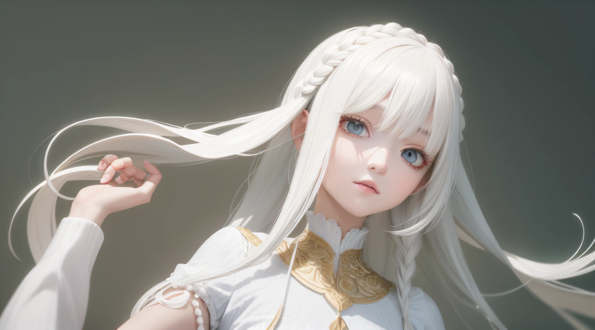 best quality, masterpiece,white hair, gold eyes,white clothes, looking up, upper body,hair strand,Fair skin,side braids
