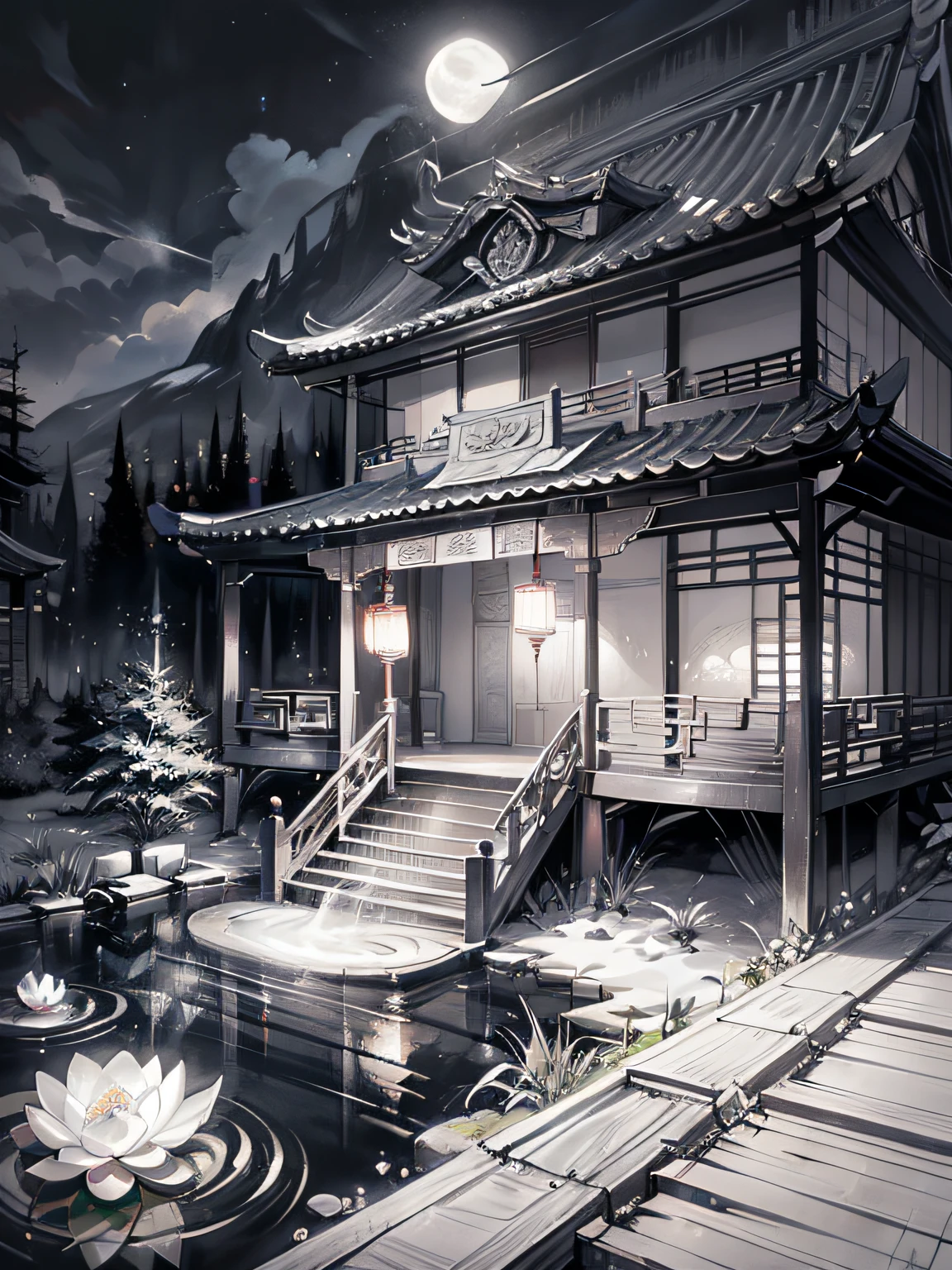 masterpiece,best quality,Chinese martial arts style,an asian night scene with lanterns and water lilies,asian pond with many lanterns and boatsa night scene with many lights and boats in the water, Lake surface, lotus flowers,beautiful night scene,(((Chinese martial arts style))), with vast sky, continuous mountains and steep cliffs, ink wash style, outline light, atmospheric atmosphere, depth of field, mist rising, bamboo, pine trees, octagonal stone pavilion, waterfall flowing water,big full moon,(No color) , Monochrome, light color,