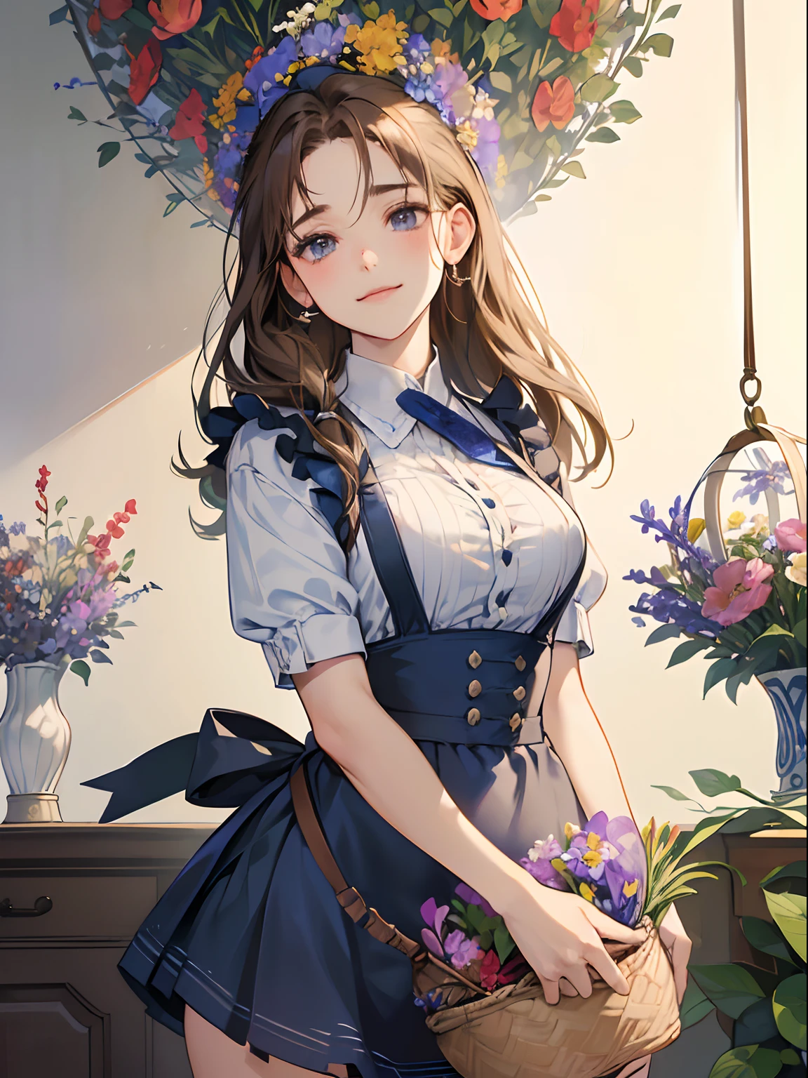(frombelow:1.4)、((1girl in)),Light Brown Fringe Hair、Braided hair、disheveled hair、Light brown eyes、(Smirking expression)、(爆乳:1.4)、Emphasize the valley、fittingroom、(Photorealsitic)、(intricate detailes:1.2)、(masterpiece、:1.3)、(top-quality:1.4)、(超A high resolution:1.2)、超A high resolution、(A detailed eye)、(detailed facial features)、 (Dark blue suspender skirt:1.4),(Dark blue apron:1.2), (double-breasted,Underbust:1.2), (Navy blue high-waisted miniskirt:1.3), (Apron over dark blue skirt:1.3), (White shirt:1.2), buttonGap,Short sleeves, nametag,(Red blusher:1.2)、(Flower Shop:1.4)、(The background is full of flowers:1.4)、(Bouquet in hand:1.4)、(A lot of flowers in a vase:1.4)、(A basket full of flowers hanging from the ceiling:1.4)