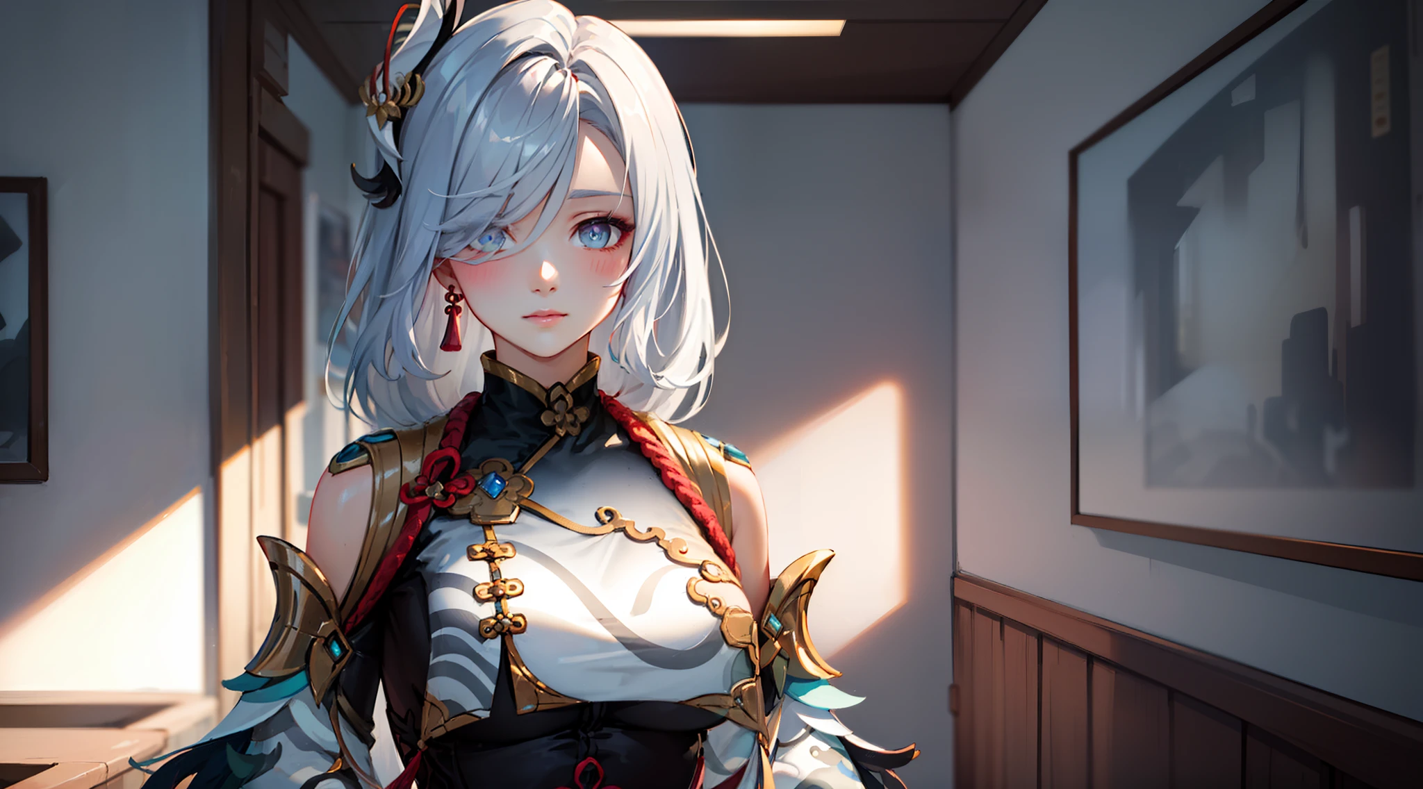electrician girl, electrician suit, upper body, seductive look, blush, indoors, in office, looking at viewer, cloudy, moody lighting, (perfect detail eyes:1.2), glowing eyes, (long hair:1.2), elemental skill effect, (Masterpiece, Best Quality, High Quality:1.4), professional artwork, Intricate Details, field of view, sharp focus, detailed painting, photorealistic lighting, trending on pixiv, (vivid lighting, vibrant colors:1.05), realistic shadows, ambient occlusion, (athletic body:1.3), mature woman, 30yo, shenhe, hyperdetail eyes, beautiful eyes, (((solo:1.4))), semi-realistic hair, shenhe \genshin\,