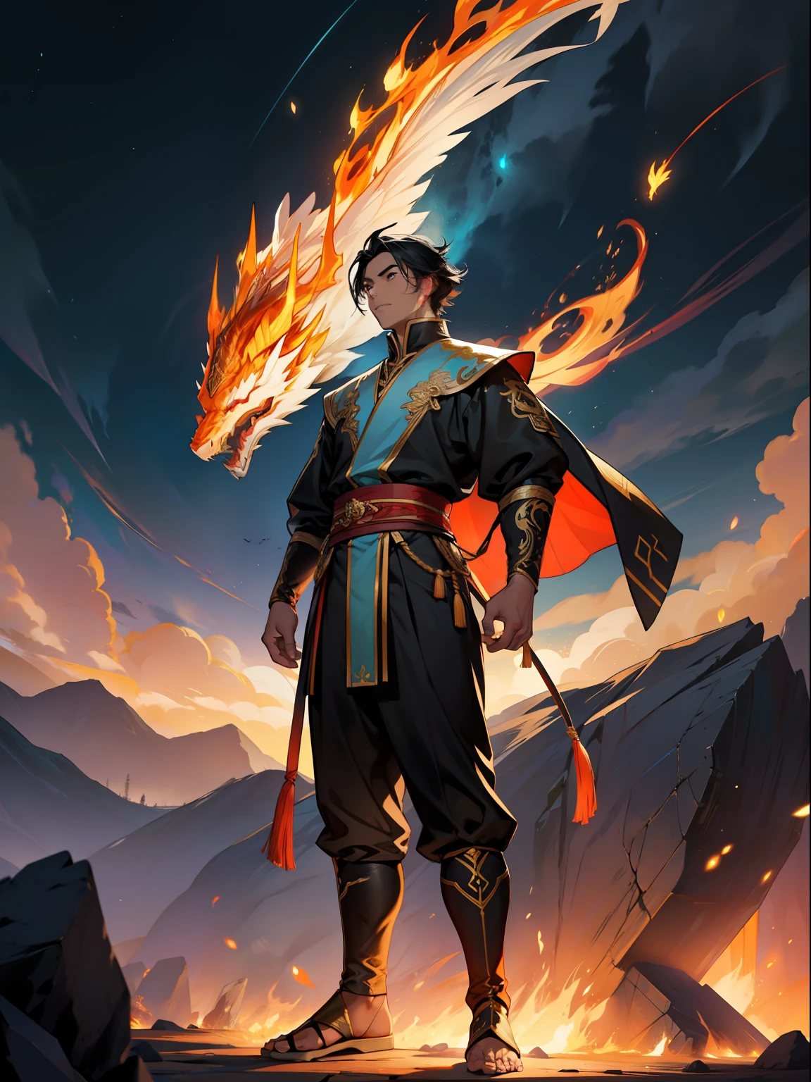 of a guy,Douluo Continent costume,standing on your feet,nigth,Black hair,fire glow,Flying,