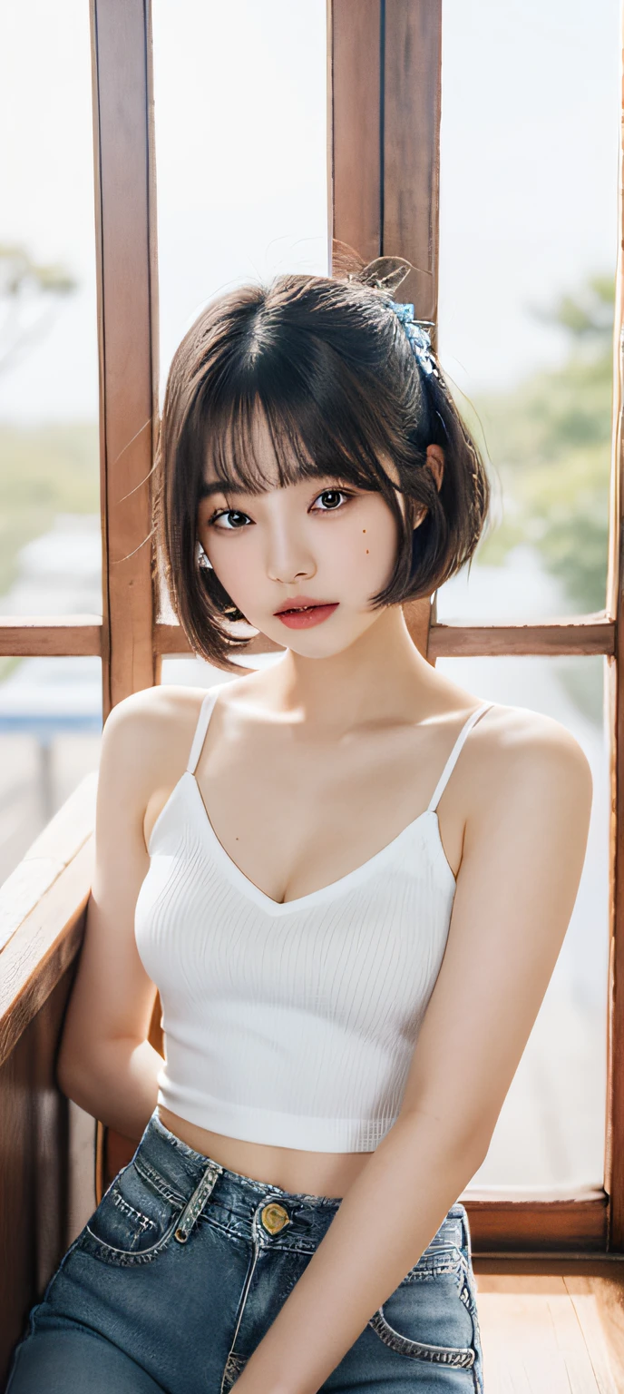 a close up of a woman in a white top and blue jeans, lalisa manobal, Gorgeous young Korean woman, white hime cut hairstyle, tidy hair，By bangs, young and cute girl, beautiful Korean women, Beautiful young Korean woman, short detailed hair，By bangs, with short hair, lalisa manoban of blackpink, Korean girl