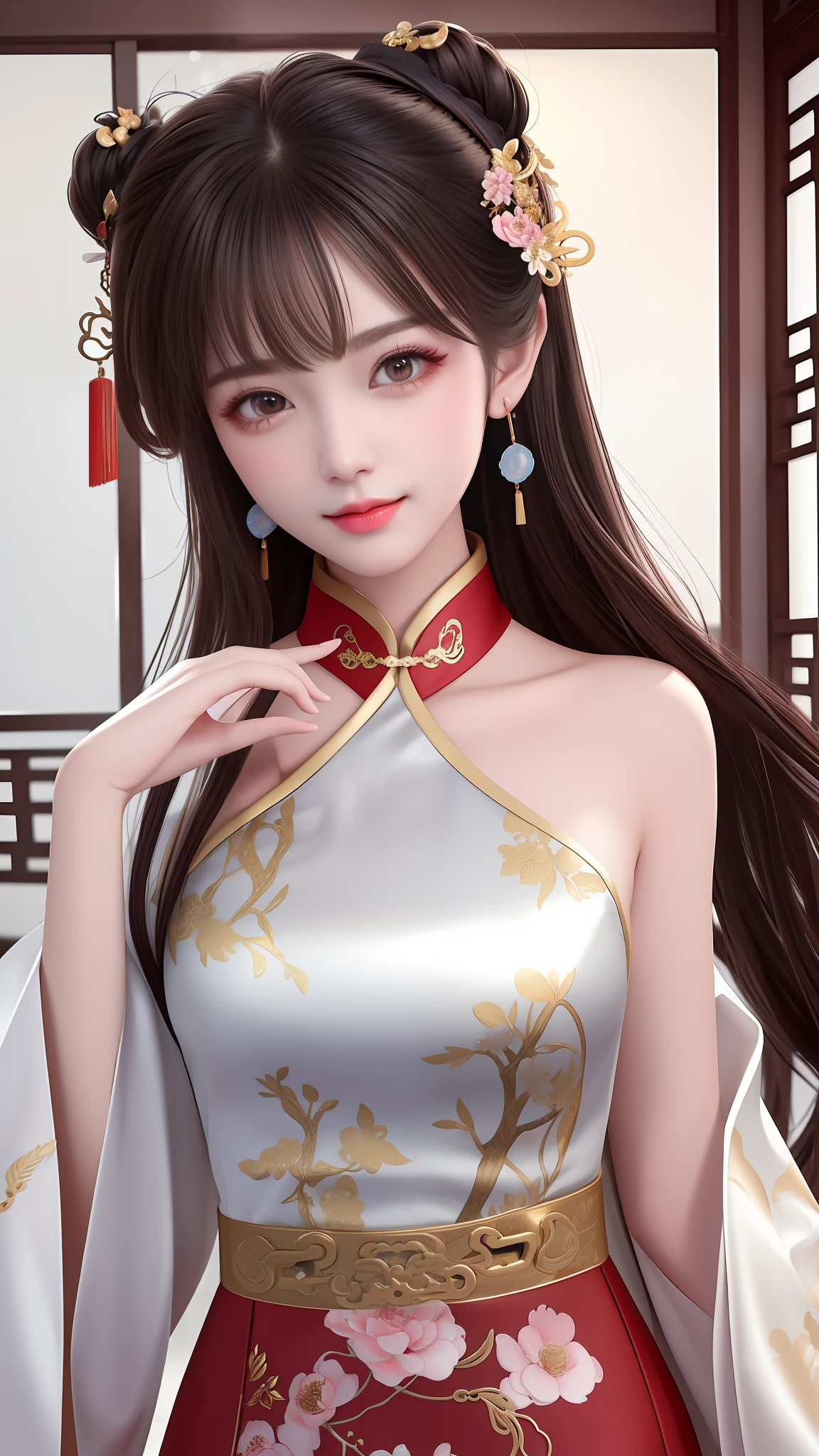 Need,tmasterpiece,A high resolution,1girll,Blushlush,(Seductive smile:0.8),starpupil,Chinese shoulder suction red Hanfu,hair adornments,choker necklace,trinkets,beautfully face,On_Body,Tindal effect,Lifelike,Shadow room,Light edges,Two-tone lighting，（highdetailskin：1.2），8K, Ultra HD，Slr，softlighting，high high quality，Volumetriclighting，Candid camera，photore，A high resolution，4K，8K，Antique bust photo in the background: A girl about 22 years old，Perfectcomposition，Precise and perfect human anatomy，Golden ratio creation，Surreal and realistic。Detailed skin details，White skin of the，shiny skin，Creamy glowing skin，Skin that is white and red。Exquisite depiction of facial features，Perfect makeup，Detailed depiction of the face，Clean and flawless face。A sweet smile，Smile without showing your teeth。Extremely detailed depiction of hair，Long black hair，Hair coiled，tying  hair，High bun，The wind blew away the hair。Eyebrows upturned，long eyelasher，二重まぶた。Affectionate eyes，Big bright eyes，Sweet with lying silkworms。High nose bridge。Thin lips，Pink lip gloss，Straight teeth。Delicate collarbones。Delicate pendant，Ear ring。Perfect tall figure，Get it all together，Long legs and thin waist，Skinny beauty，Can't be too thin。Straight chest，medium boob。Keep your head up and your chest up，Look ahead，Face the lens，Stand。Ancient architectural background(((Chinese style new Chinese ink floral dress)))，half-body photo，Kizi，mid hair，Hair over the shoulder，Clear eyes，Smooth hair，Exquisite and perfect facial features，the most beautiful big eyes，Long eyelashes，The eyes are sweet and there are lying silkworms，dynamic angle，Extreme image quality，Highest accuracy，Precise and perfect human body，Works of masters，HighestQuali，mid hair，Hair over the shoulder，Tattooed，brunette color hair，double bun hair，shift dresses，Ear ring，hair adornments，jewely，korean clothes，putting makeup on，photore（curly），standing on your feet，Upp，Facing the viewer，Hyper-Resolution，hyper HD，Optimal quality，Bend long eyelashes，shiny lip，Bust