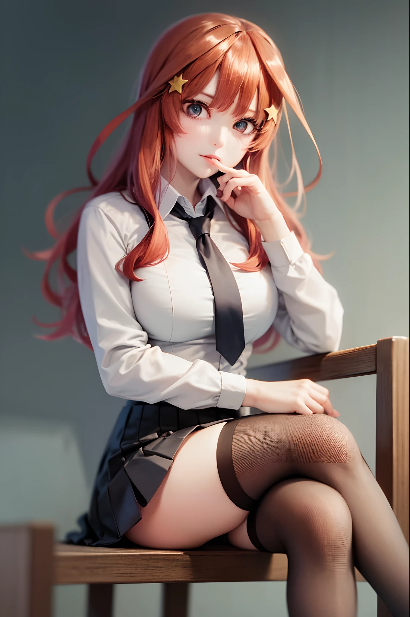 (Prominence in Masterpiece, Best Quality: 1.2), solo, 1 girl, Miku nakano, serious, mouth closed, looking at viewer, hand on face, sitting, legs crossed, collared shirt, tie up, skirt, stockings , big thighs, big breasts)