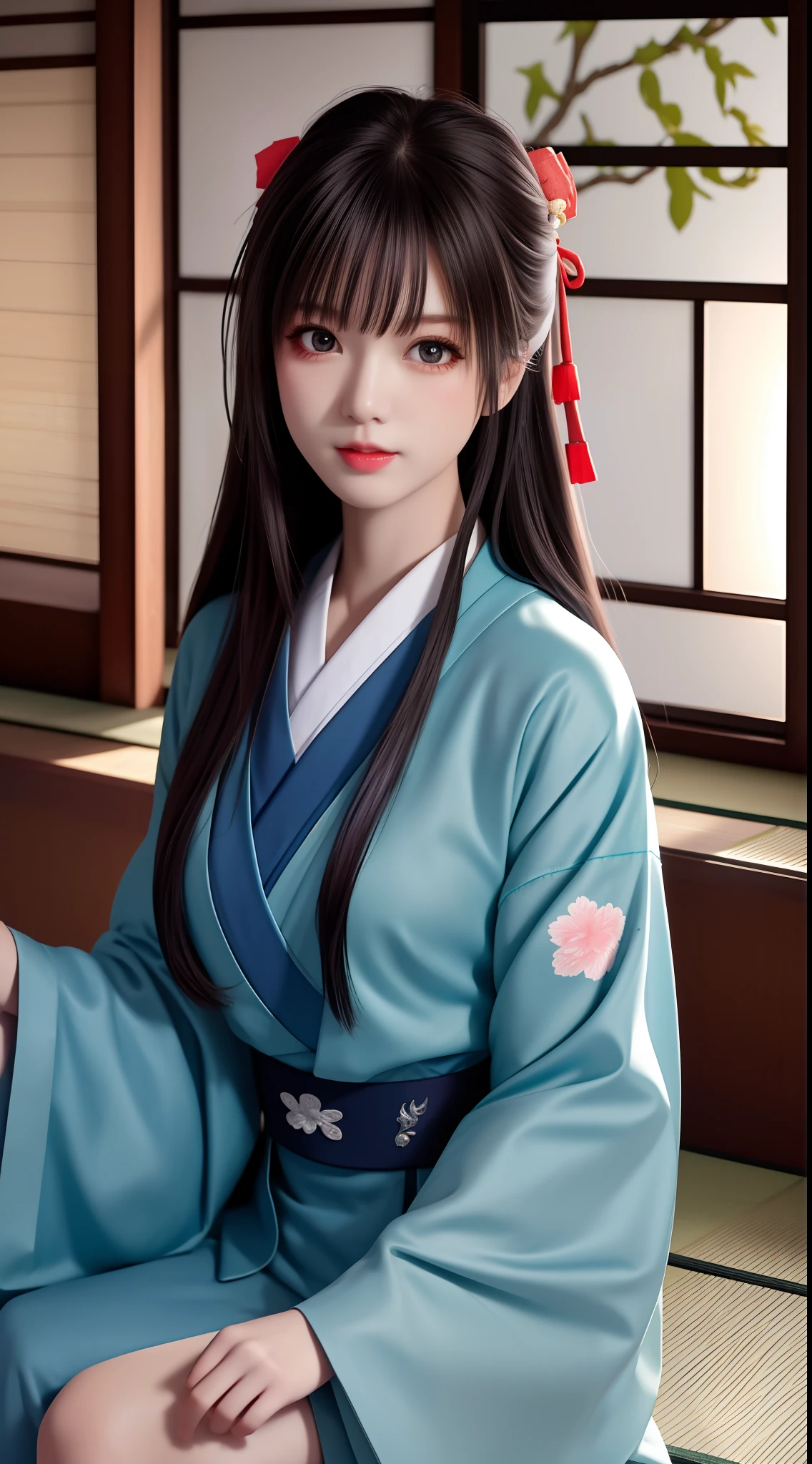 JK Girl, Girl wearing Japanese girls' school uniform, 8K, very high image quality, Film texture, Realistic, Eating Japanese food, Japanese background, Depth of field, Tatami room, Warm lighting, Bow on chest, bangs, Long hair over the shoulder, (Playful EY...