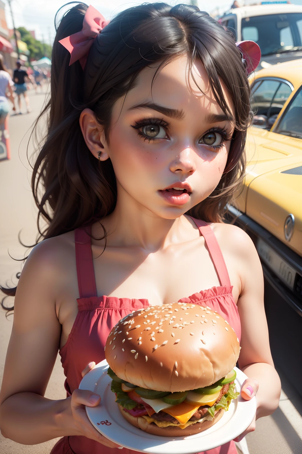 Make a girl, She's hungry, tipo desenho da DISNEY, She's eating hamburger, pixar, 3D, Disney