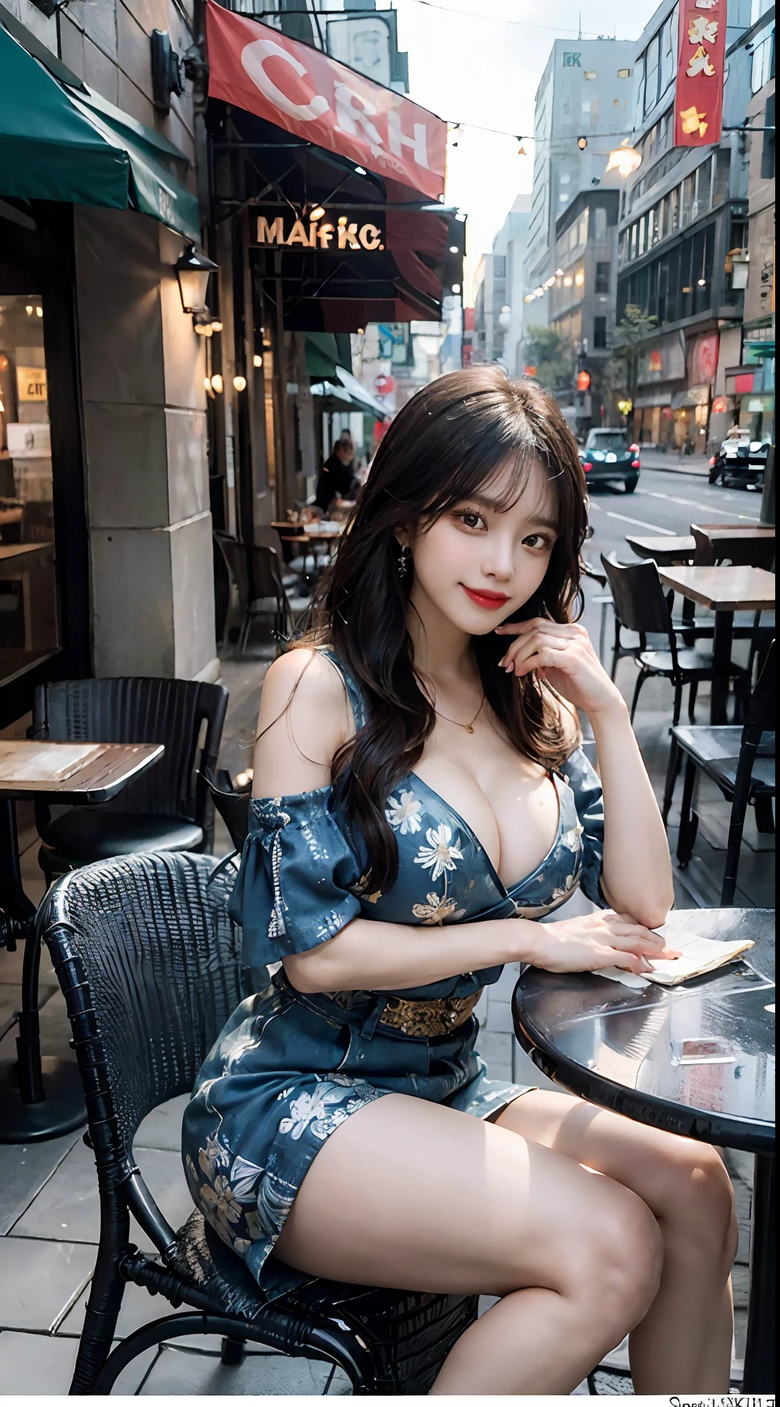 ((Best Quality, 8K, Masterpiece:1.3)), 40k, photography, Perfect Body Beauty:1.4, Cinematic lighting, Black long hair, straight Bangs, (Blue batik:1.1) , (in front of cafe:1.2), Highly detailed face and skin texture, Detailed Eyes, Double eyelids, skin brightening, perfect faces, (Huge breasts:1.5), (nighttime), Smile, Earrings, necklaces, mature women, coffee on table, (a women sitting in front of cafe), s whole body, Pretty legs, high-heel